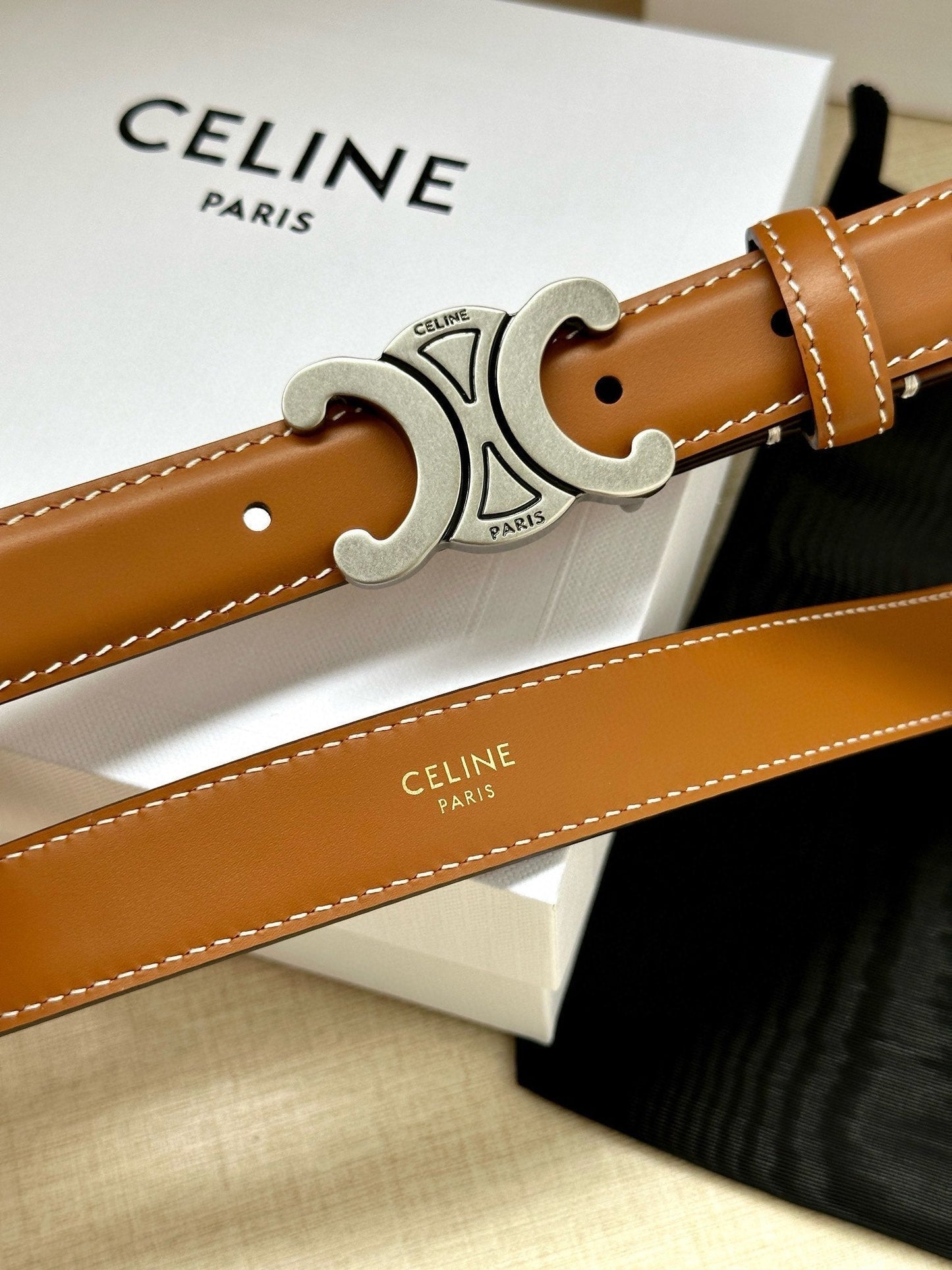 CELINE 25S BELT TRIOMPHE TAURILLON 25MM IN CARAMEL CALFSKIN 557499 - 26 - 28