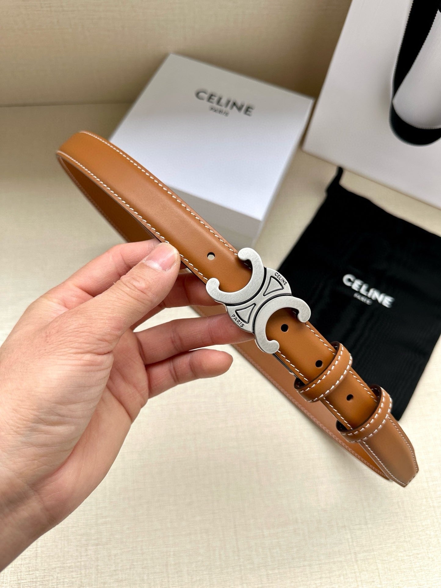 CELINE 25S BELT TRIOMPHE TAURILLON 25MM IN CARAMEL CALFSKIN 557499 - 26 - 28
