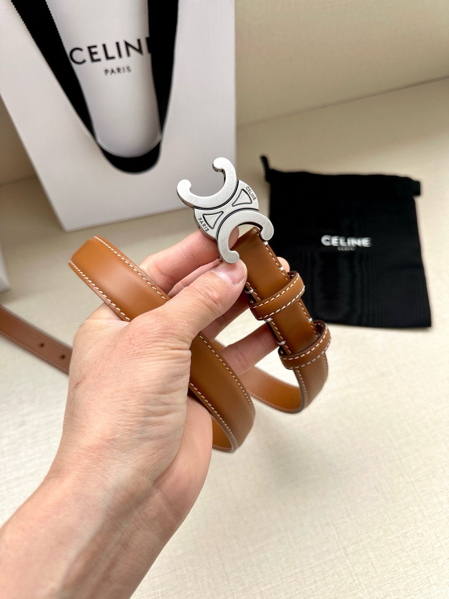 CELINE 25S BELT TRIOMPHE TAURILLON 25MM IN CARAMEL CALFSKIN 557499 - 26 - 28