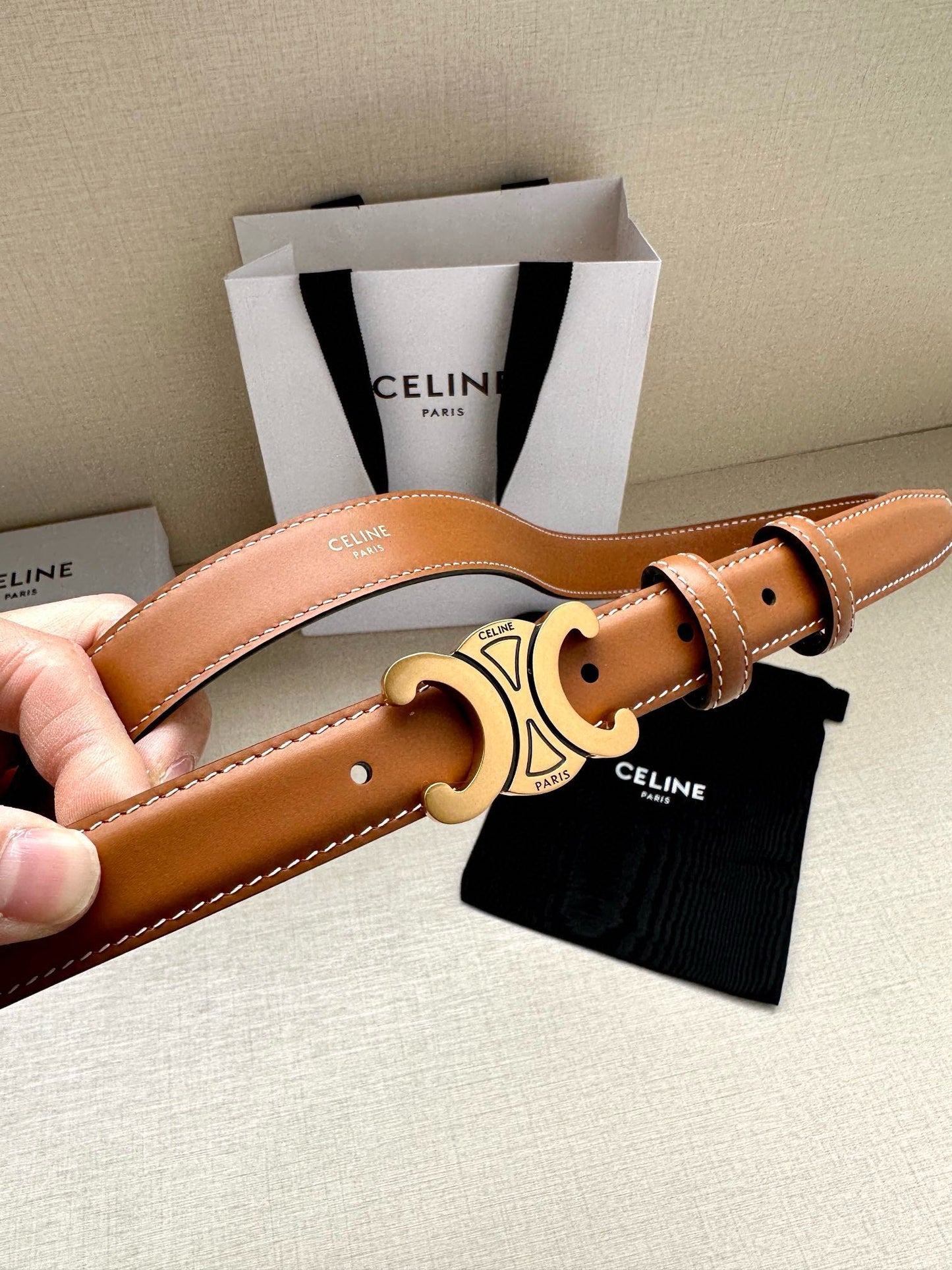 CELINE 25S BELT TRIOMPHE TAURILLON 25MM IN CARAMEL CALFSKIN 557498 - 26 - 28