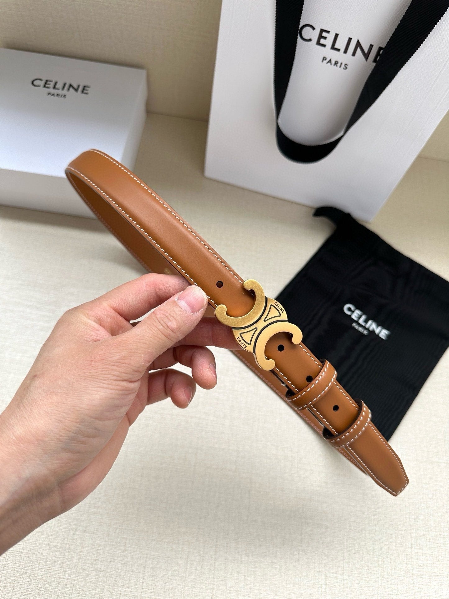 CELINE 25S BELT TRIOMPHE TAURILLON 25MM IN CARAMEL CALFSKIN 557498 - 26 - 28