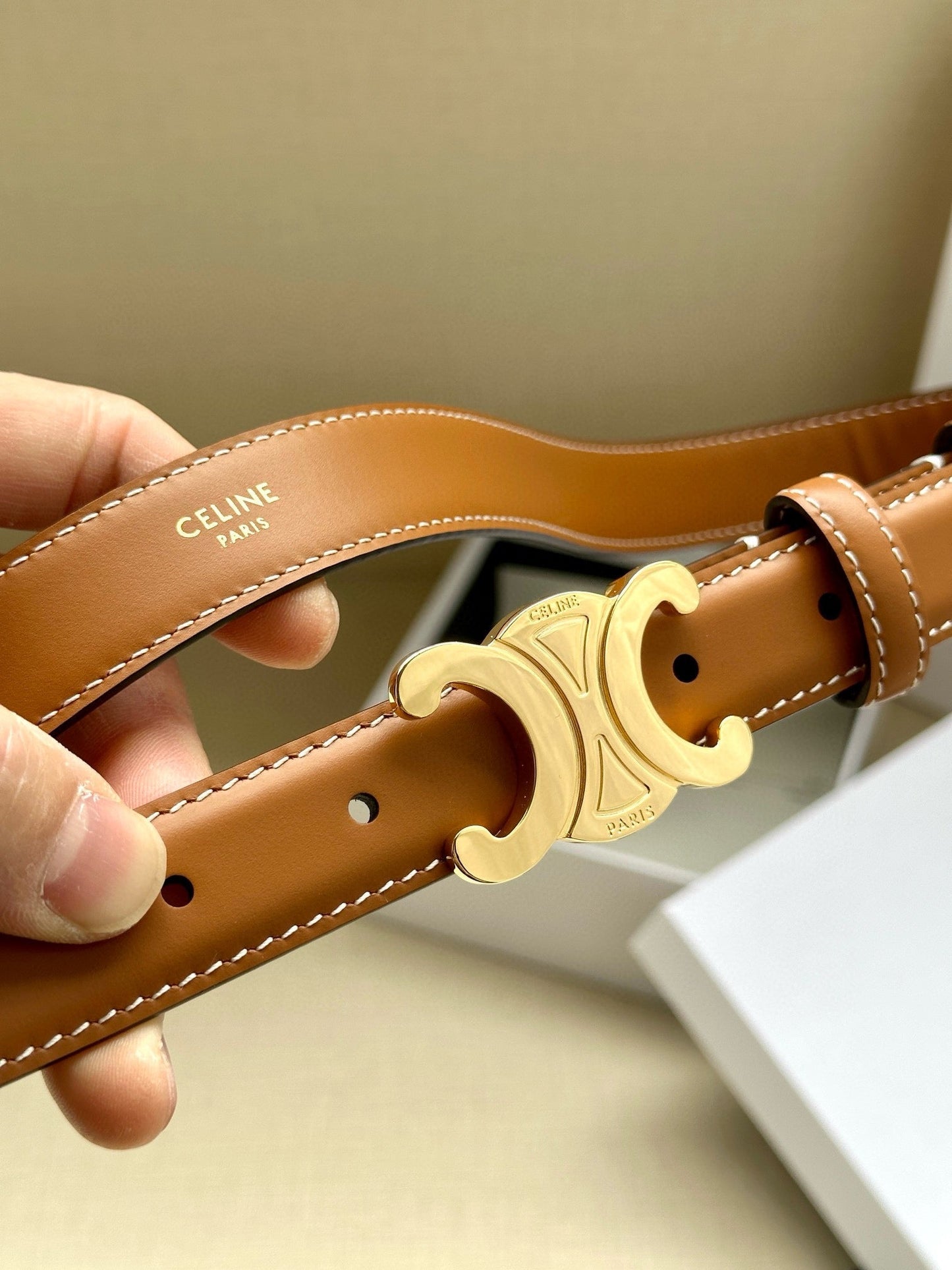 CELINE 25S BELT TRIOMPHE TAURILLON 25MM IN CARAMEL CALFSKIN 557500 - 26 - 28