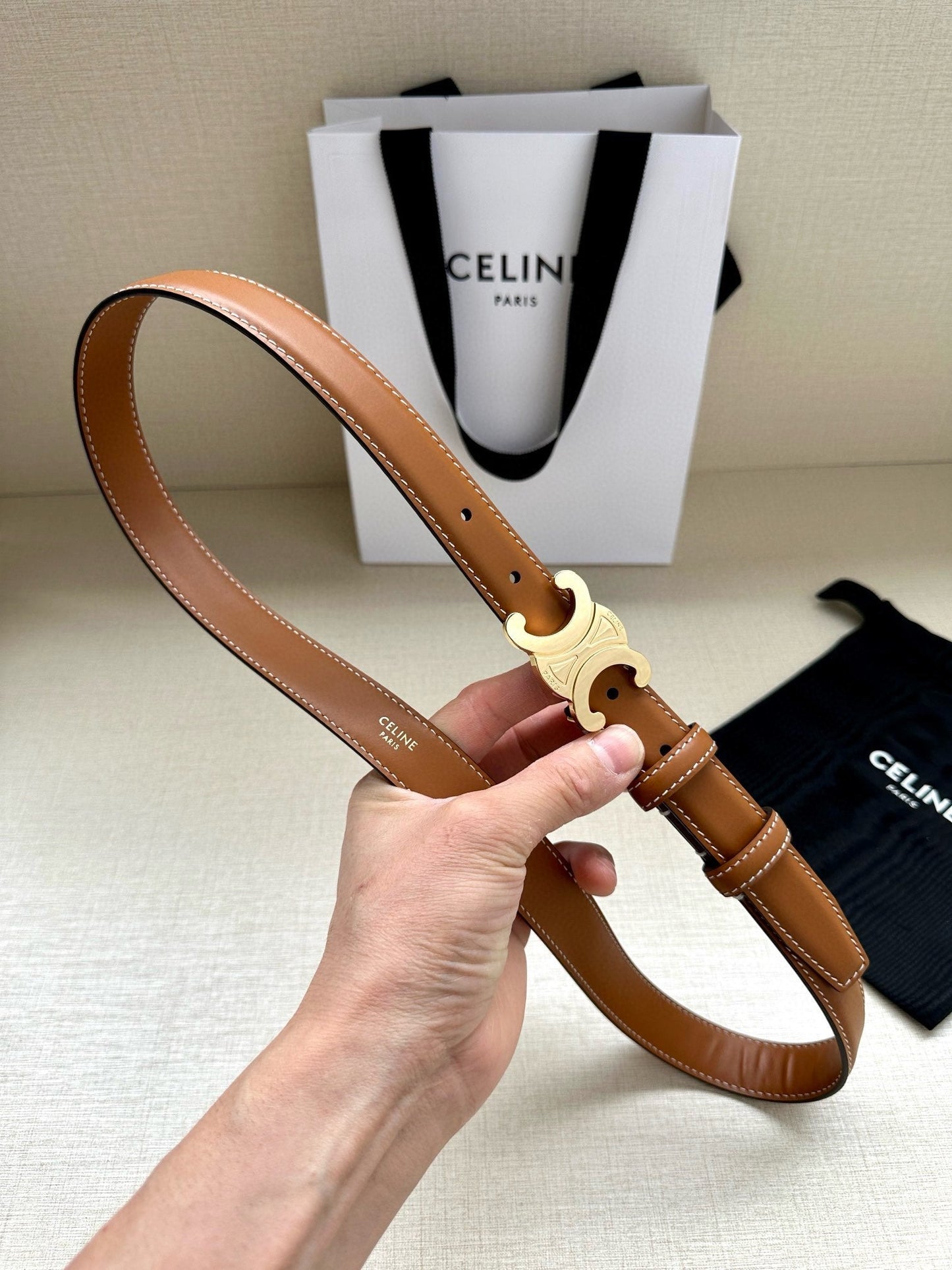 CELINE 25S BELT TRIOMPHE TAURILLON 25MM IN CARAMEL CALFSKIN 557500 - 26 - 28
