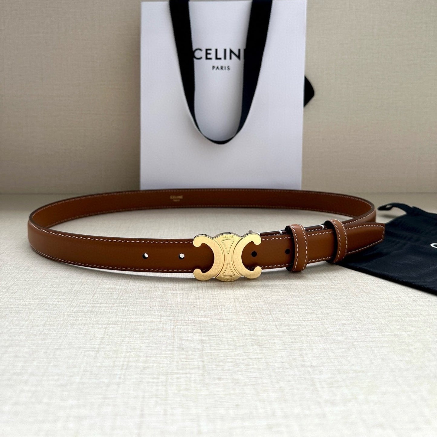 CELINE 25S BELT TRIOMPHE TAURILLON 25MM IN CARAMEL CALFSKIN 557500 - 26 - 28