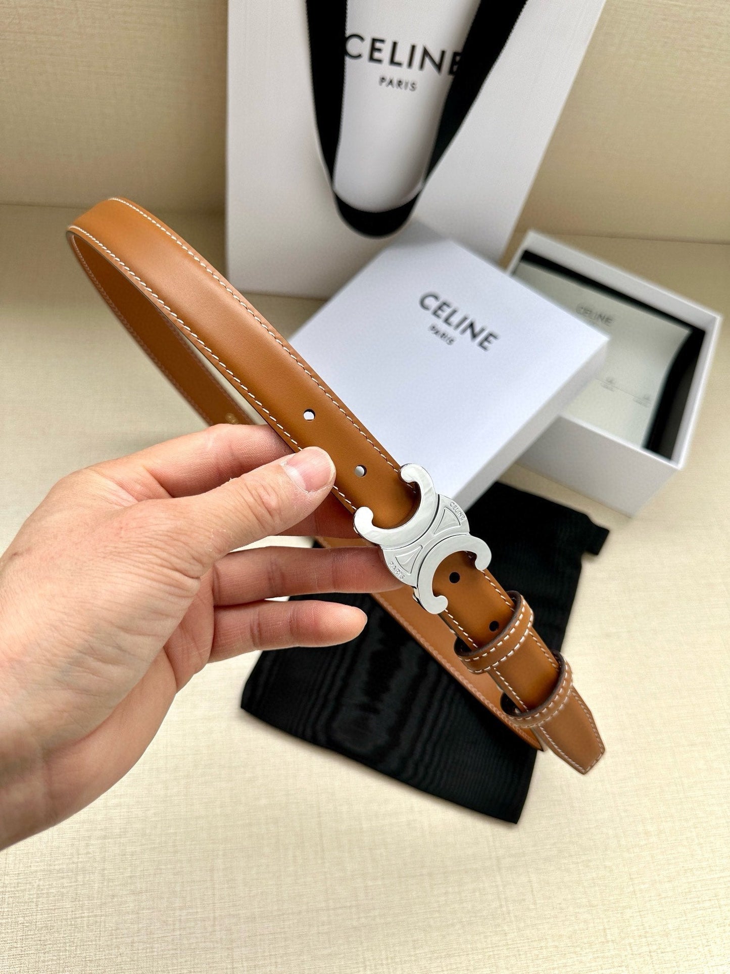 CELINE 25S BELT TRIOMPHE TAURILLON 25MM IN CARAMEL CALFSKIN 557501 - 26 - 28