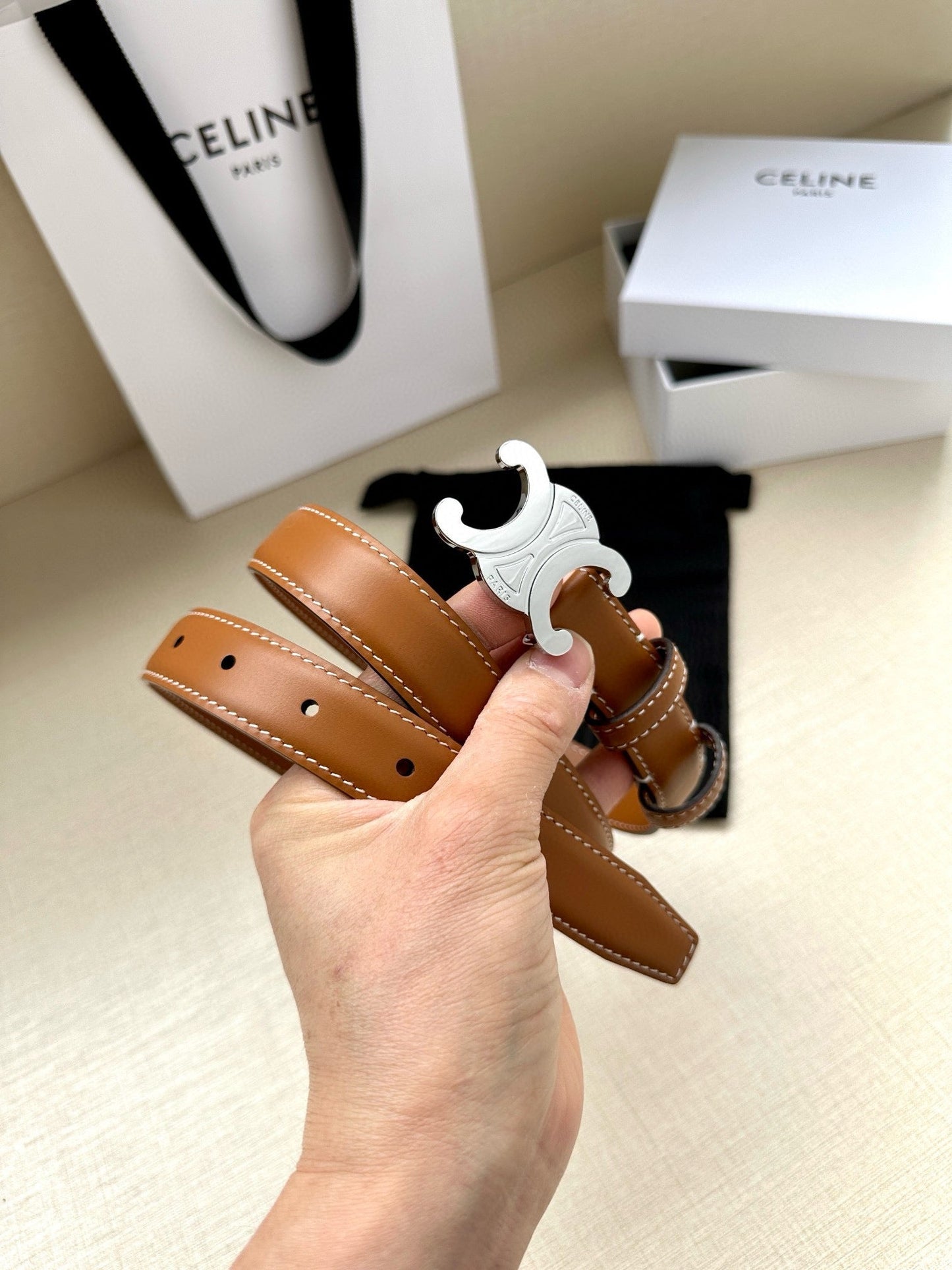 CELINE 25S BELT TRIOMPHE TAURILLON 25MM IN CARAMEL CALFSKIN 557501 - 26 - 28