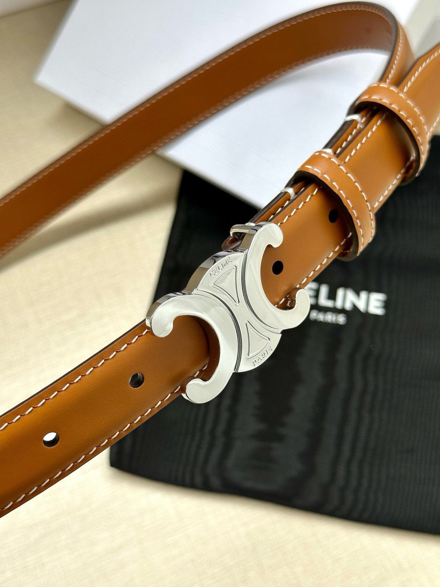 CELINE 25S BELT TRIOMPHE TAURILLON 25MM IN CARAMEL CALFSKIN 557501 - 26 - 28