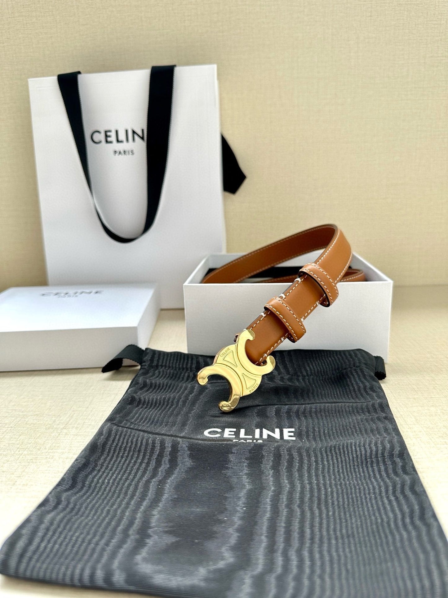 CELINE 25S BELT TRIOMPHE TAURILLON 25MM IN CARAMEL CALFSKIN 557502 - 26 - 28