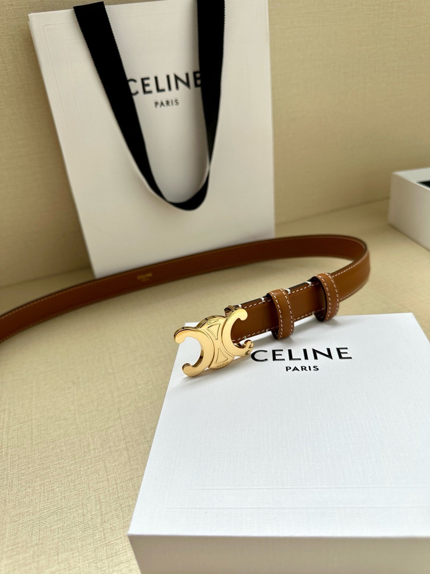 CELINE 25S BELT TRIOMPHE TAURILLON 25MM IN CARAMEL CALFSKIN 557502 - 26 - 28