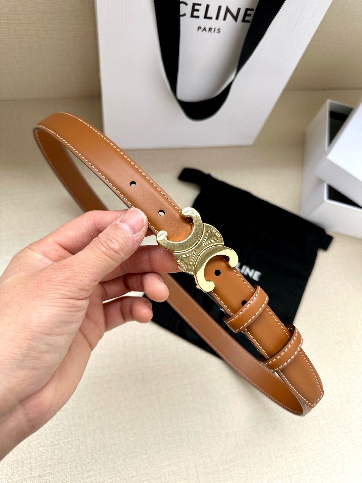 CELINE 25S BELT TRIOMPHE TAURILLON 25MM IN CARAMEL CALFSKIN 557502 - 26 - 28