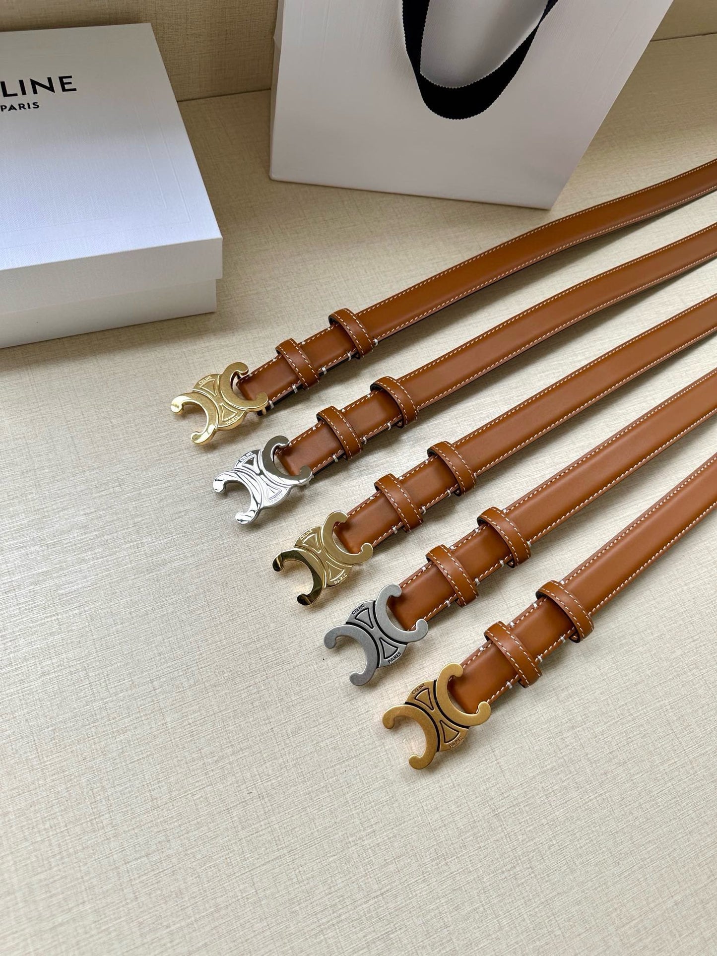 CELINE 25S BELT TRIOMPHE TAURILLON 25MM IN CARAMEL CALFSKIN 557502 - 26 - 28