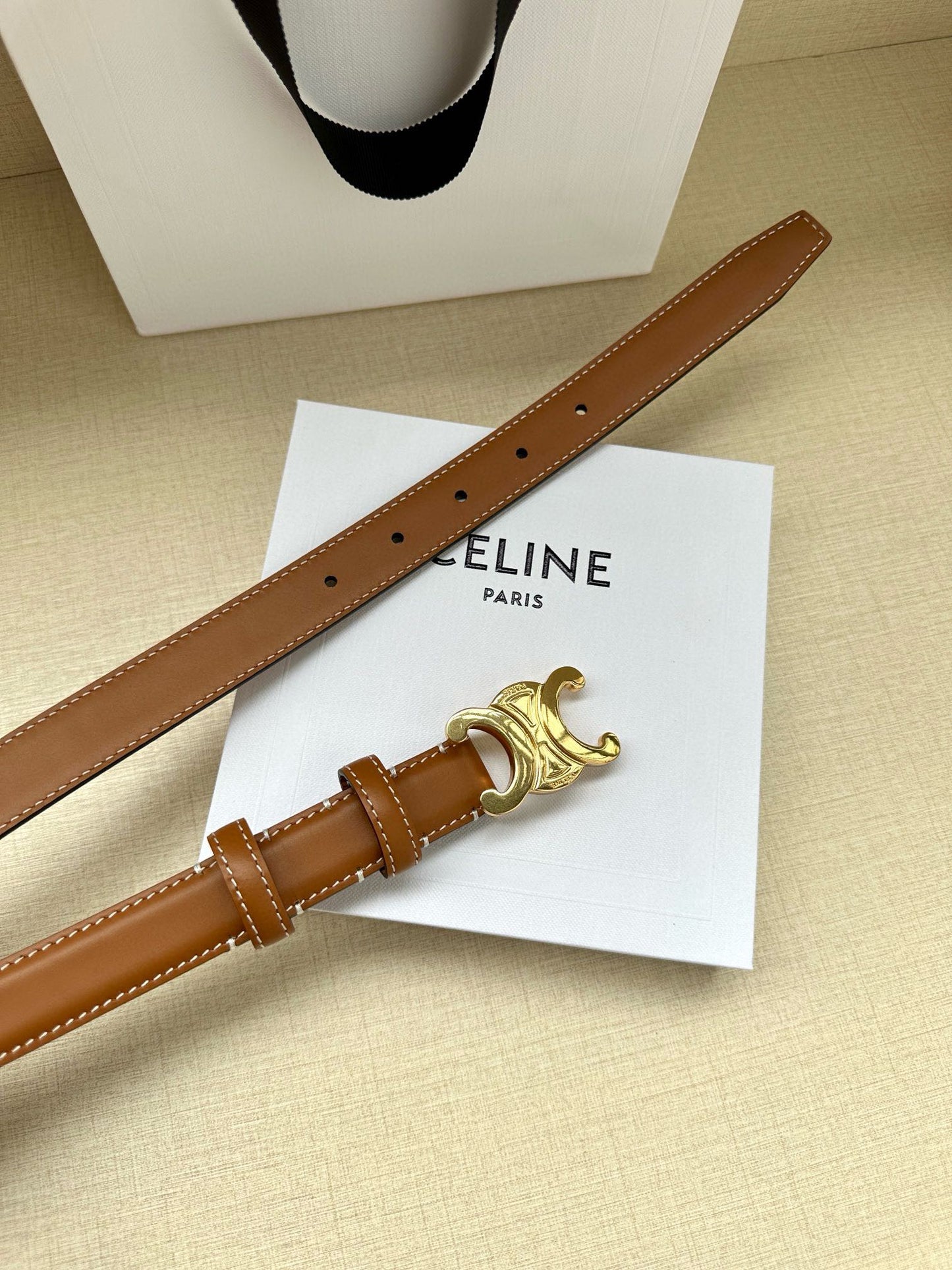 CELINE 25S BELT TRIOMPHE TAURILLON 25MM IN CARAMEL CALFSKIN 557502 - 26 - 28