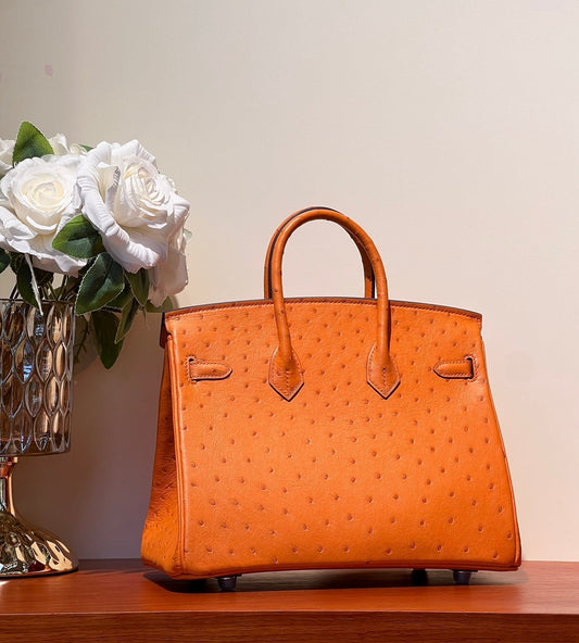 СУМКА HM BIRKIN 25 ЗІ ШКІРИ СТРАУСА ВОГНЯНО-ПОМАРАНЧЕВОГО КОЛЬОРУ ЗІ СРІБНОЮ ФУРНІТУРОЮ (ВИГОТОВЛЕННЯ НА ЗАМОВЛЕННЯ)