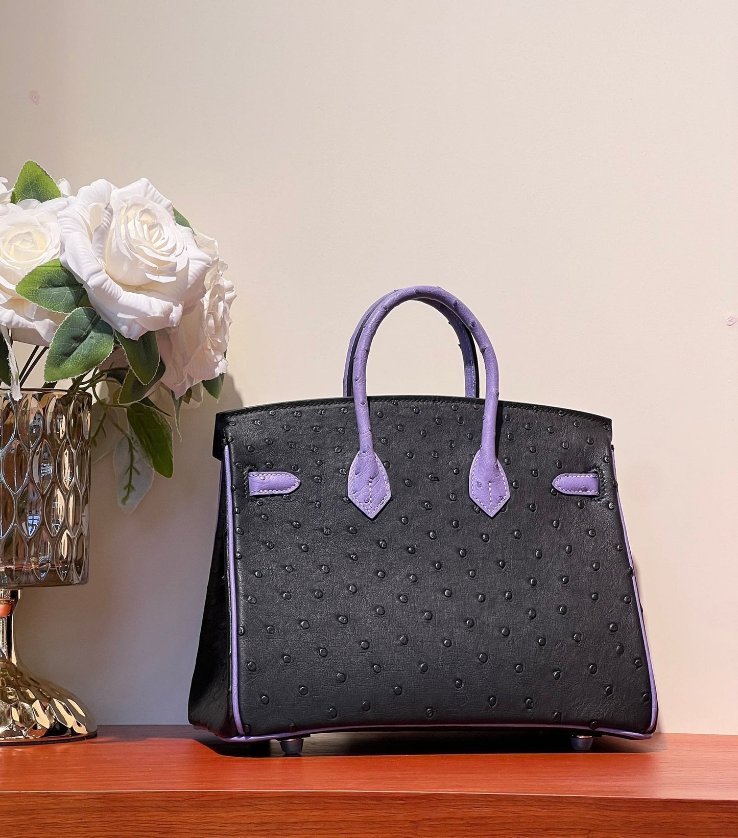 KELLY  SELLIER 25 BAG IN BLACK MIX AMETHYST PURPLE OSTRICH LEATHER