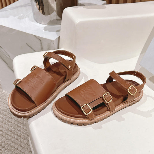 FLAT SANDALS IN RUST BROWN TRIOMPHE EMBOSSED SMOOTH CALFSKIN - 35