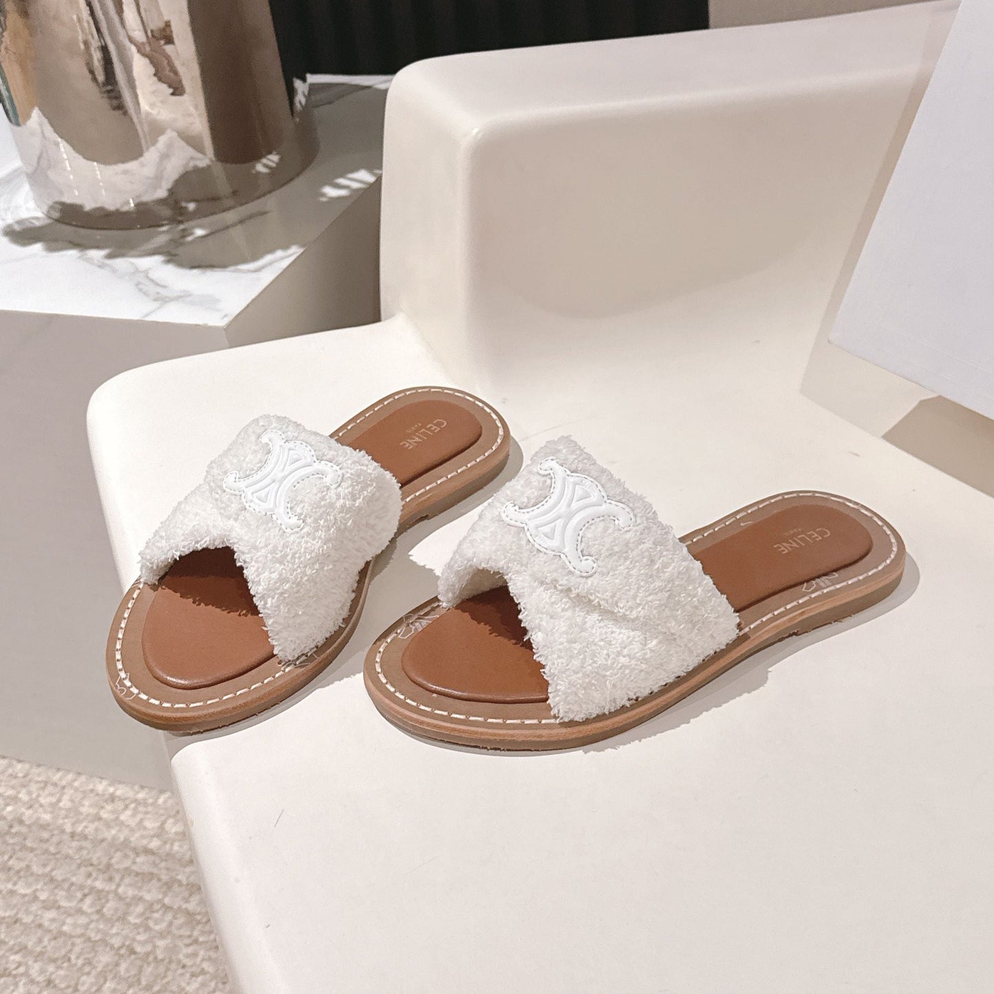 CELINE 25S LYMPIA TWISTED SANDAL IN WHITE SPONGE FABRIC - 35