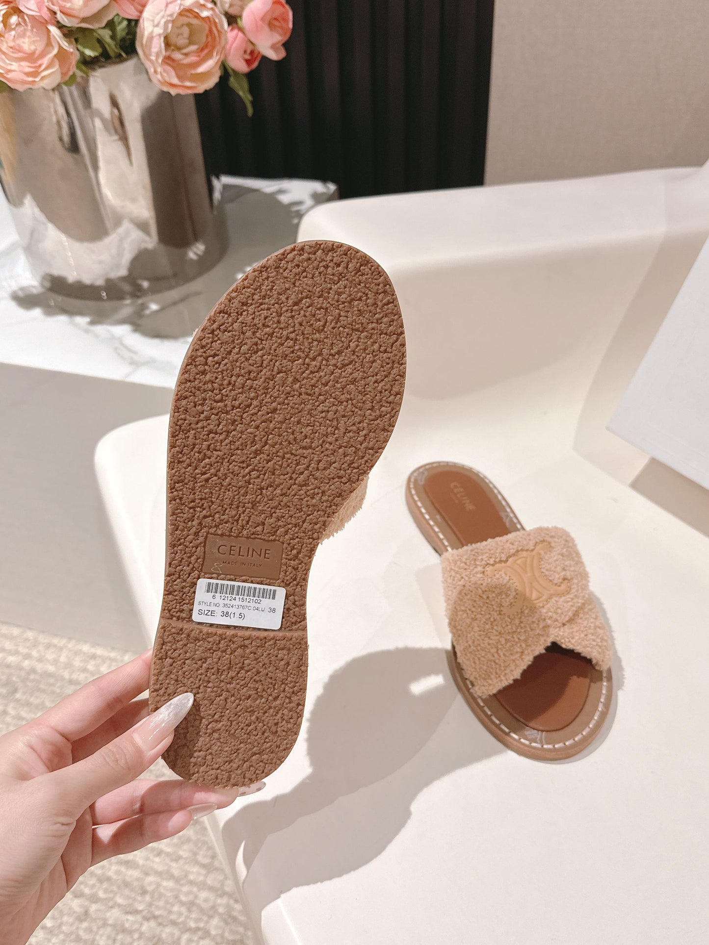 CELINE 25S LYMPIA TWISTED SANDAL IN BEIGE SPONGE FABRIC - 35