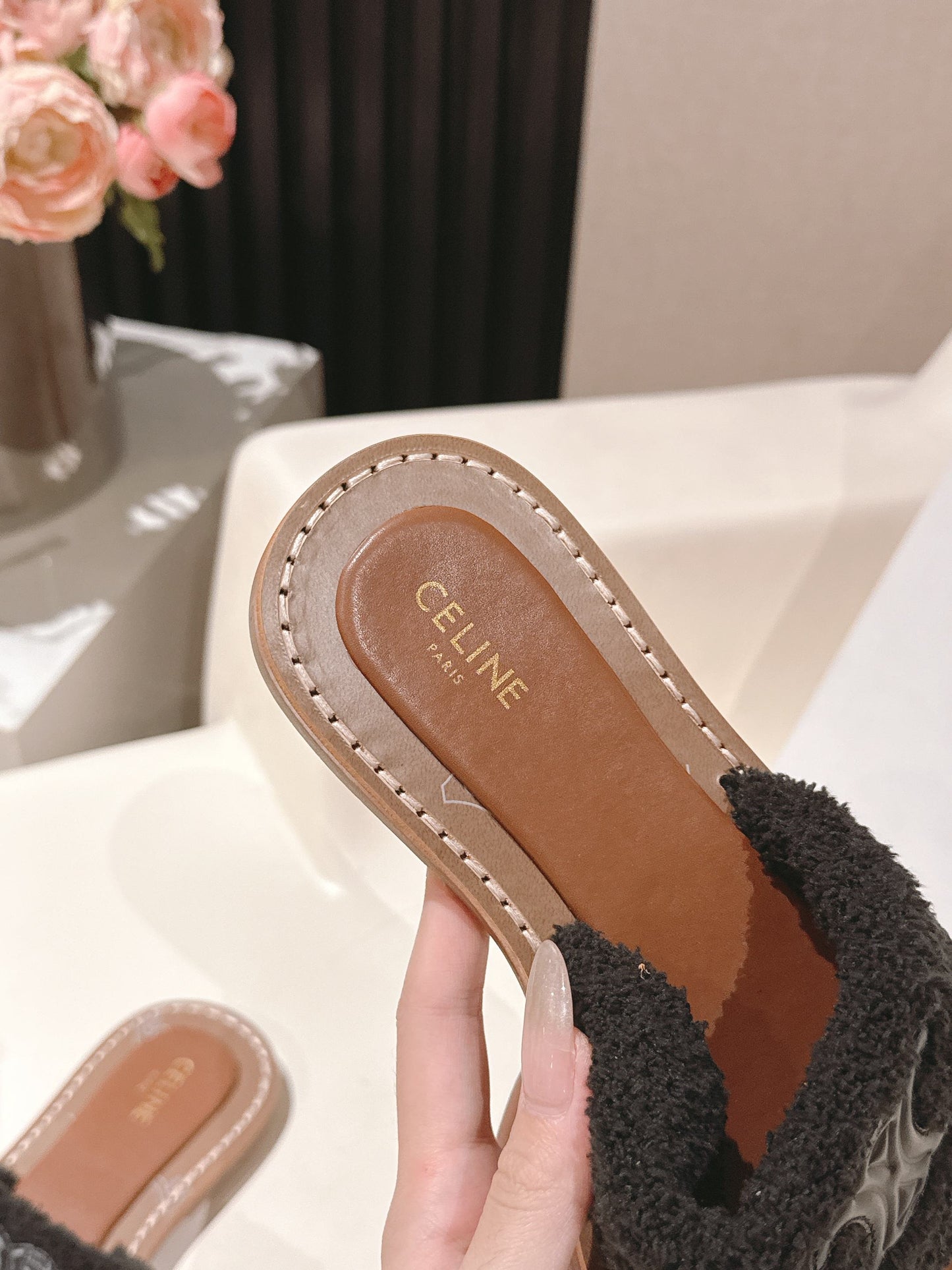CELINE 25S LYMPIA TWISTED SANDAL IN BLACK SPONGE FABRIC - 35