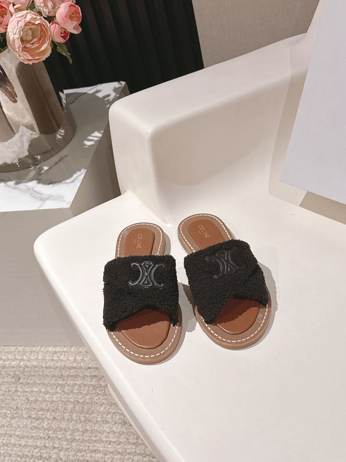 CELINE 25S LYMPIA TWISTED SANDAL IN BLACK SPONGE FABRIC - 35