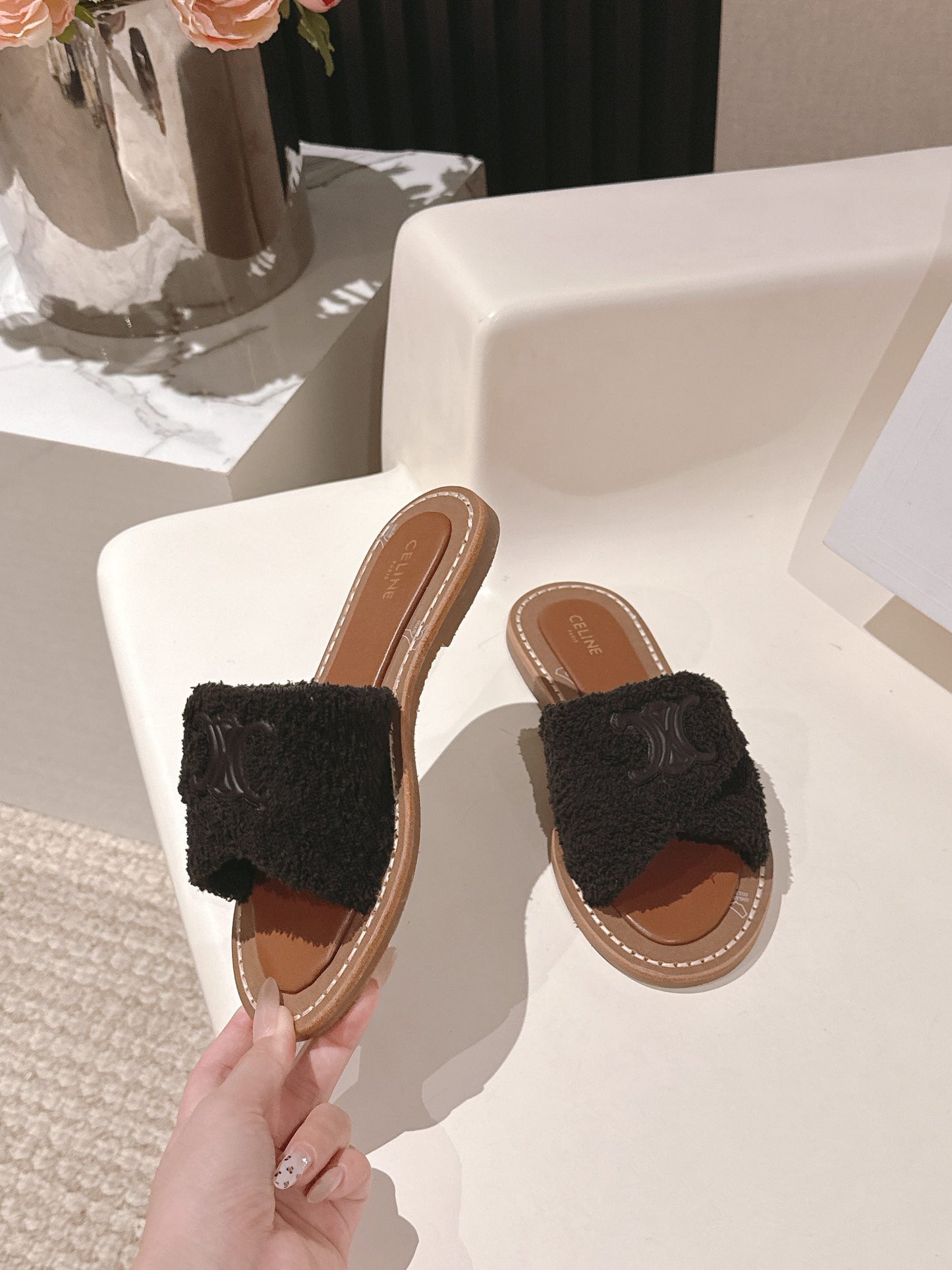 CELINE 25S LYMPIA TWISTED SANDAL IN BLACK SPONGE FABRIC - 35