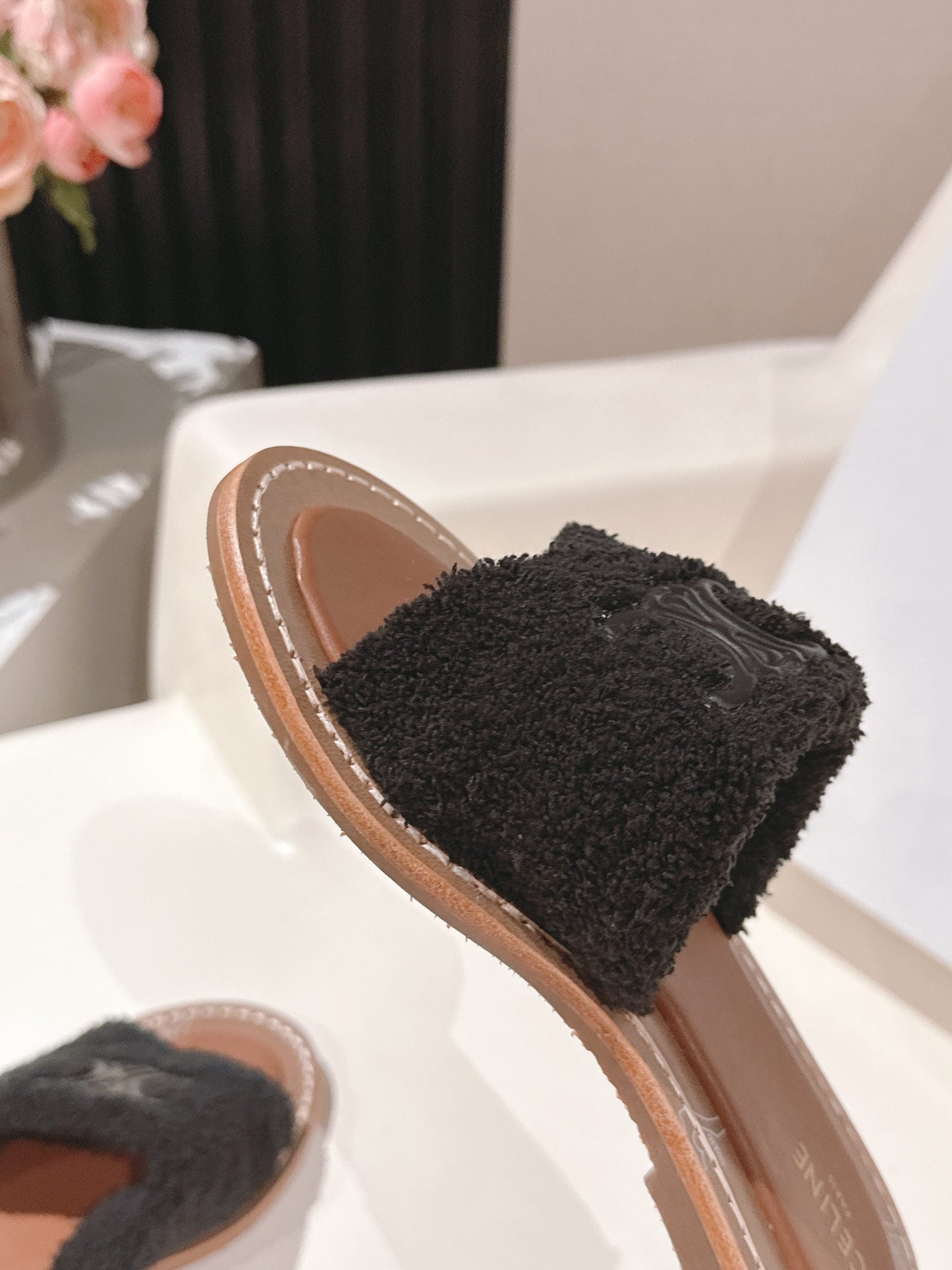 CELINE 25S LYMPIA TWISTED SANDAL IN BLACK SPONGE FABRIC - 35