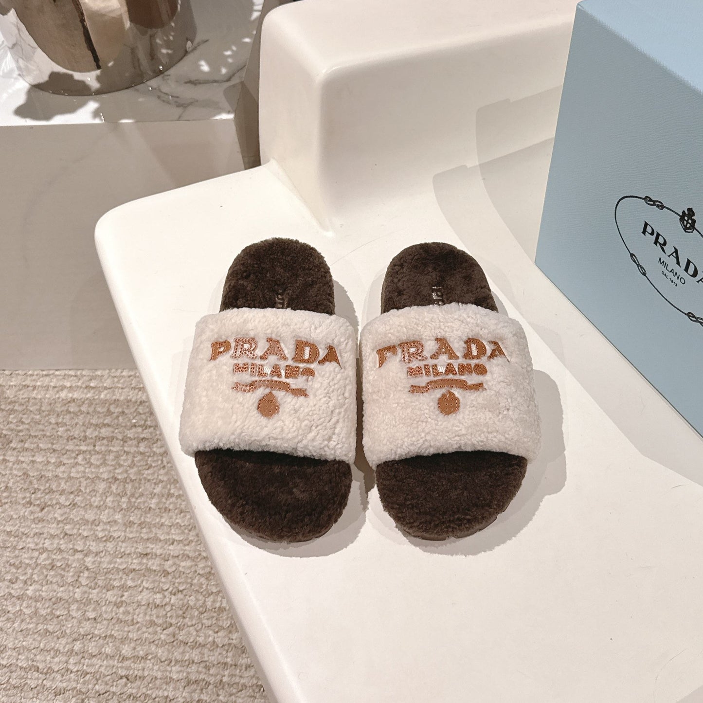 PRADA 25S FLAT MULES IN WHITE AND DARK BROWN RABBIT FUR - 35