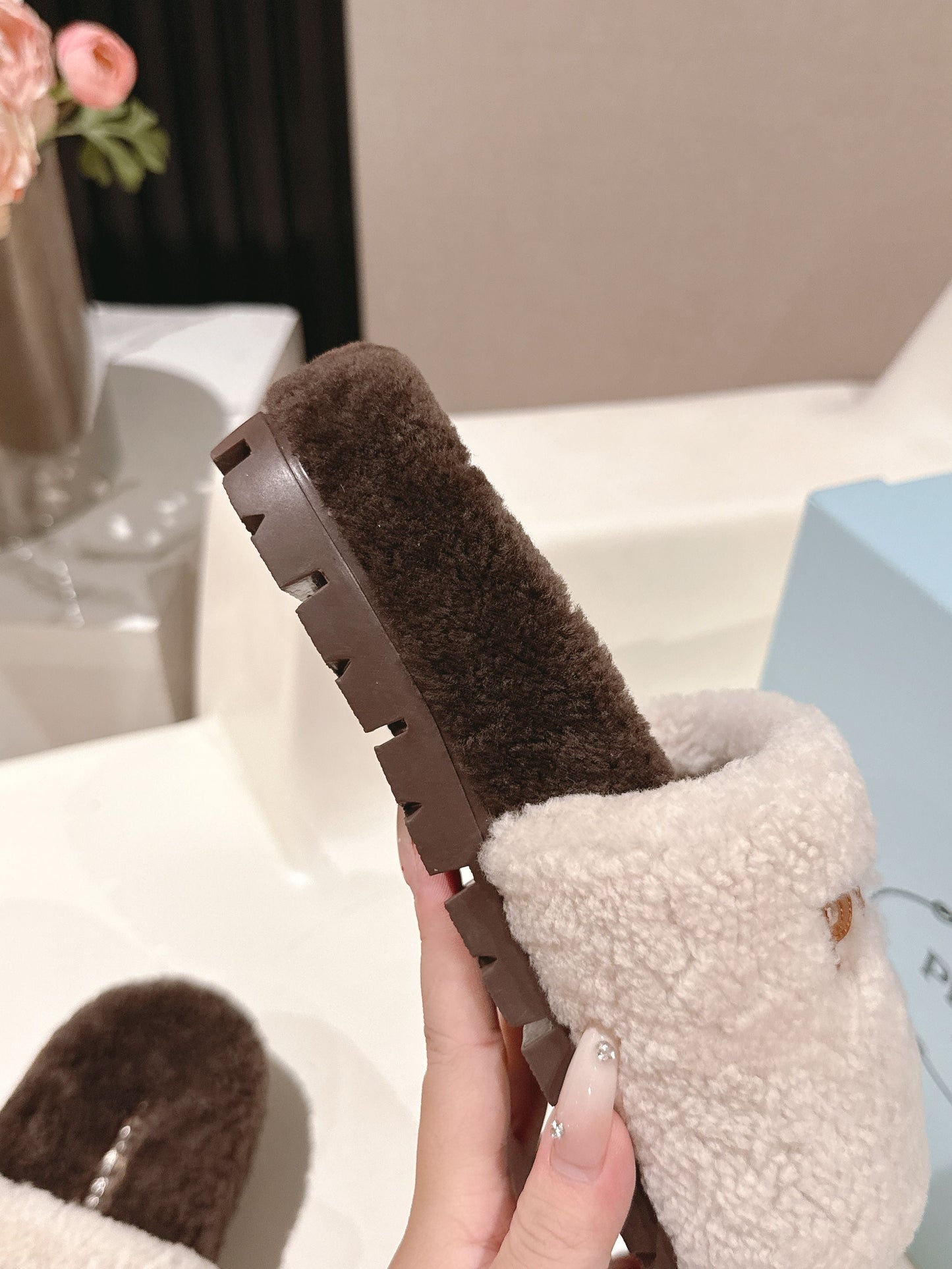 PRADA 25S FLAT MULES IN WHITE AND DARK BROWN RABBIT FUR - 35