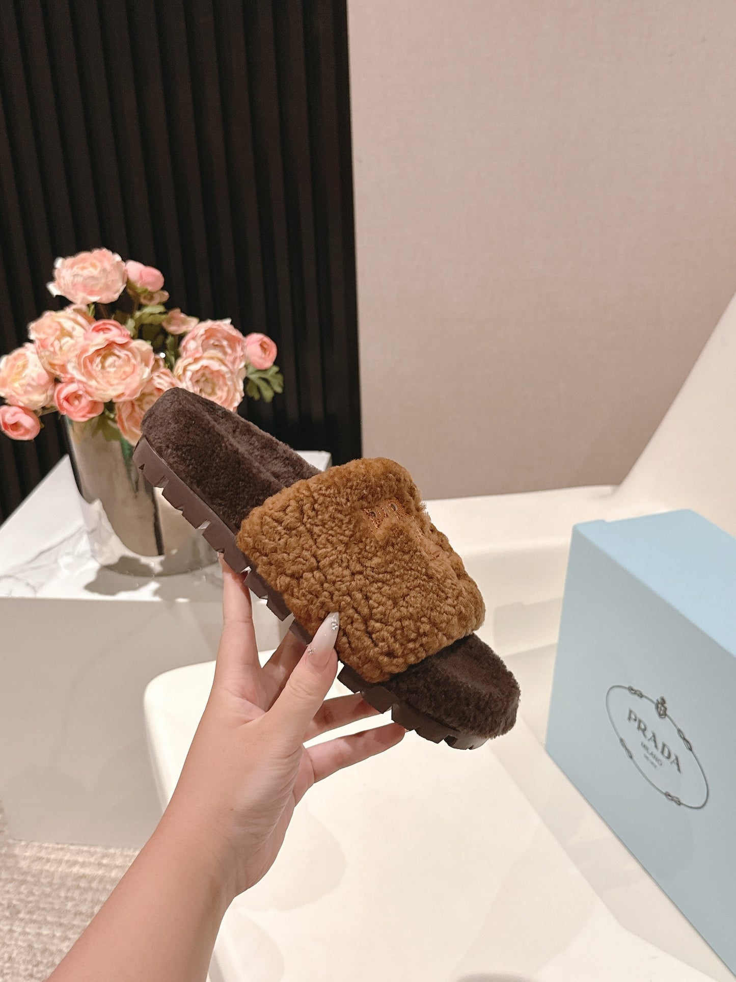 PRADA 25S FLAT MULES IN DARK BROWN RABBIT FUR - 35