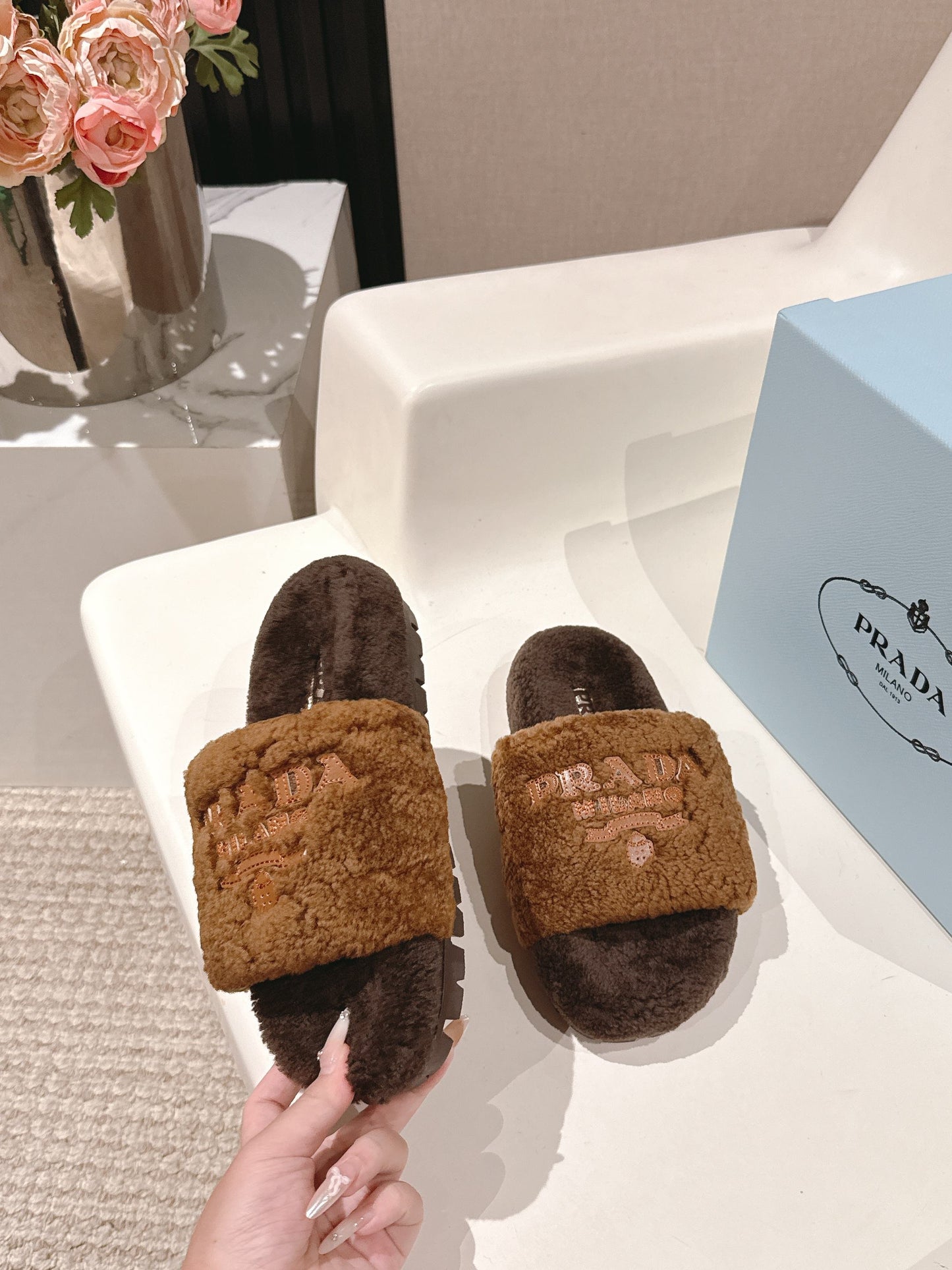 PRADA 25S FLAT MULES IN DARK BROWN RABBIT FUR - 35