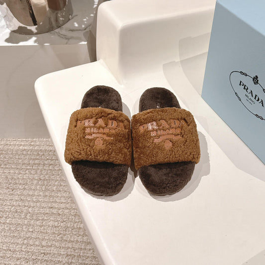 PRADA 25S FLAT MULES IN DARK BROWN RABBIT FUR - 35