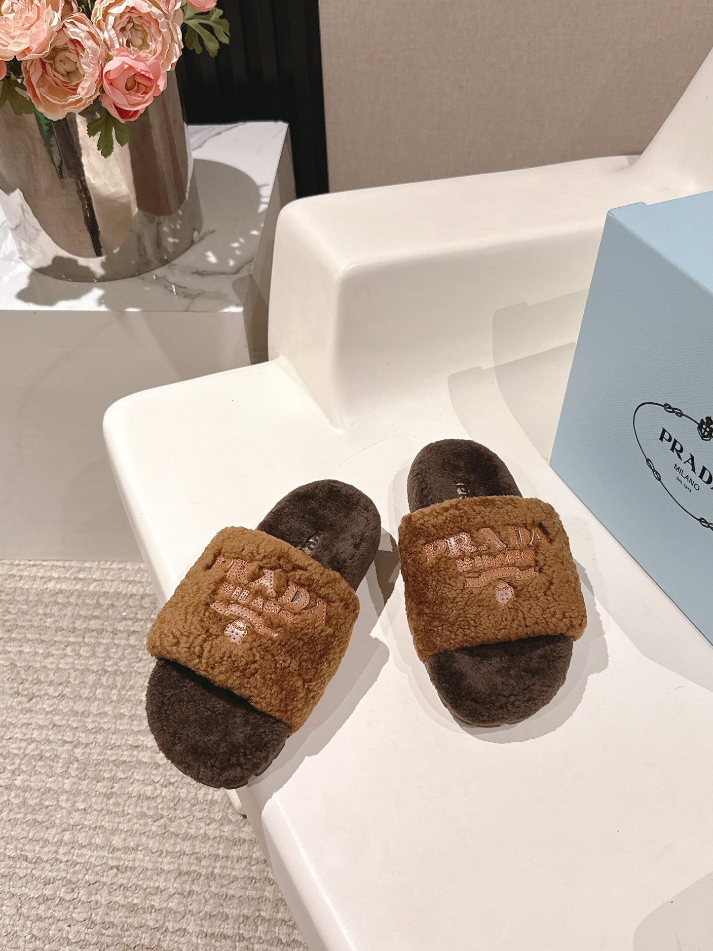 PRADA 25S FLAT MULES IN DARK BROWN RABBIT FUR - 35