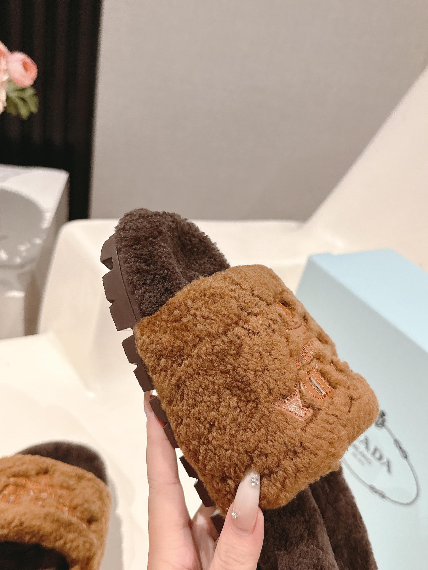 PRADA 25S FLAT MULES IN DARK BROWN RABBIT FUR - 35