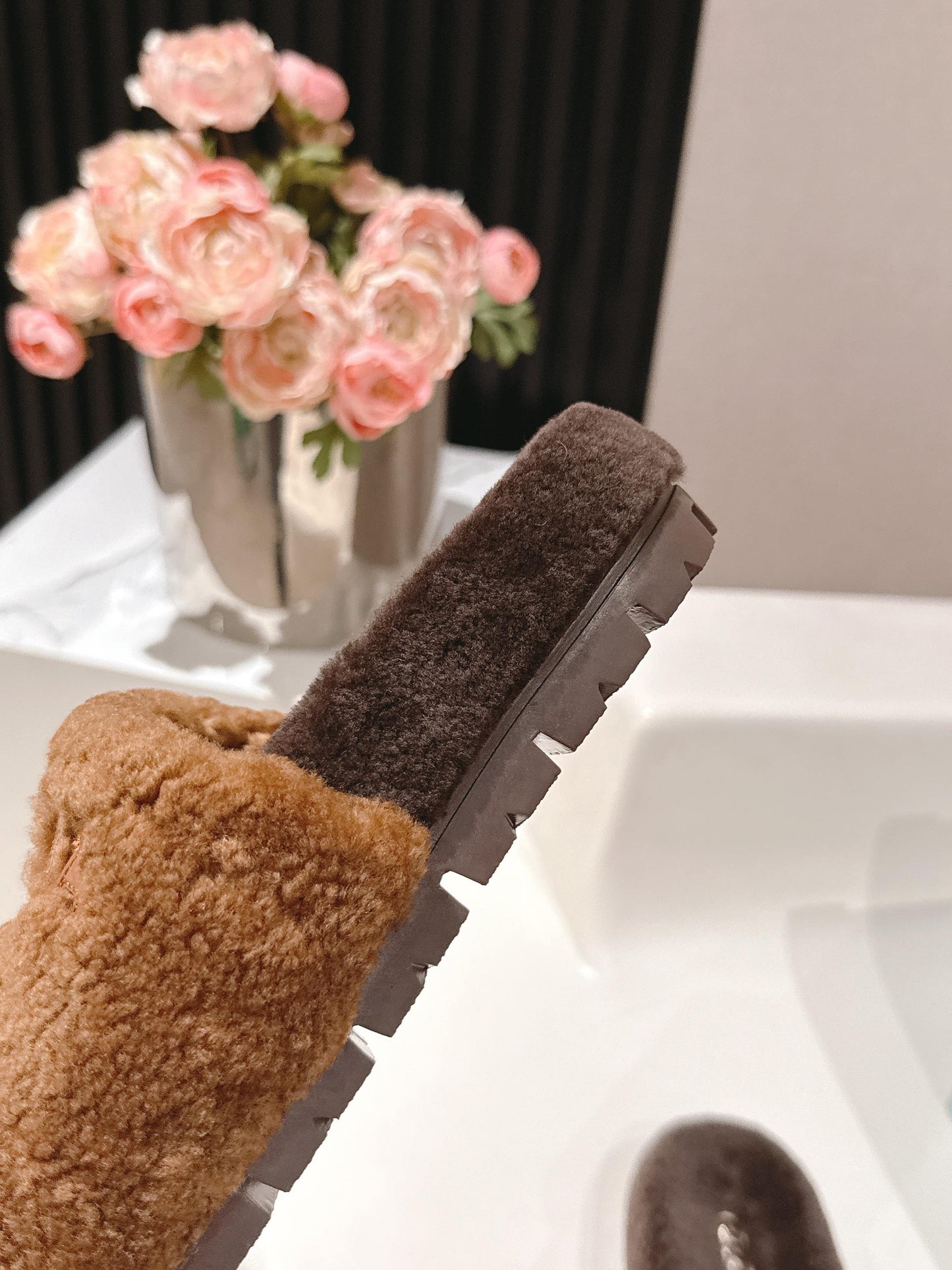 PRADA 25S FLAT MULES IN DARK BROWN RABBIT FUR - 35