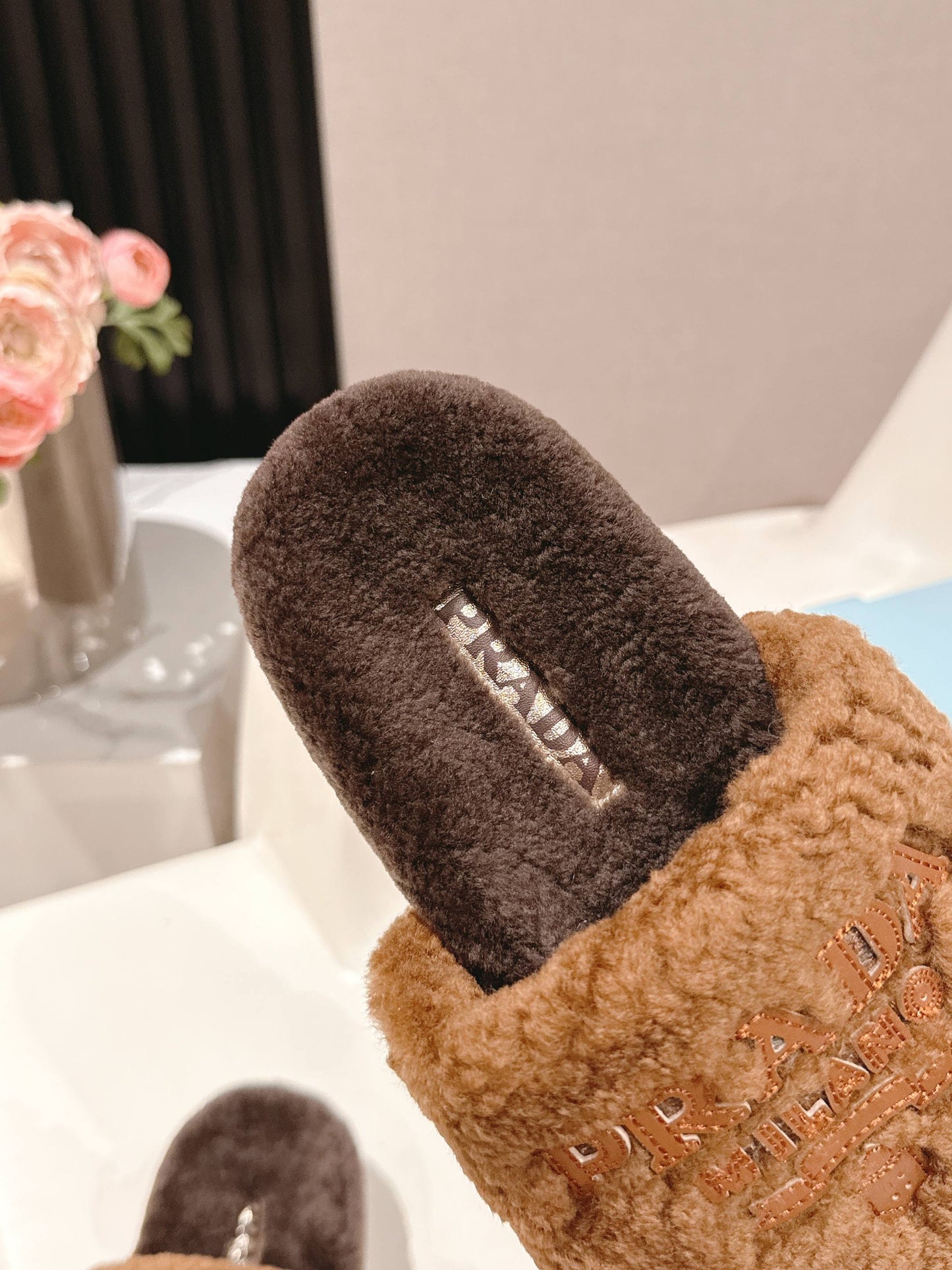 PRADA 25S FLAT MULES IN DARK BROWN RABBIT FUR - 35