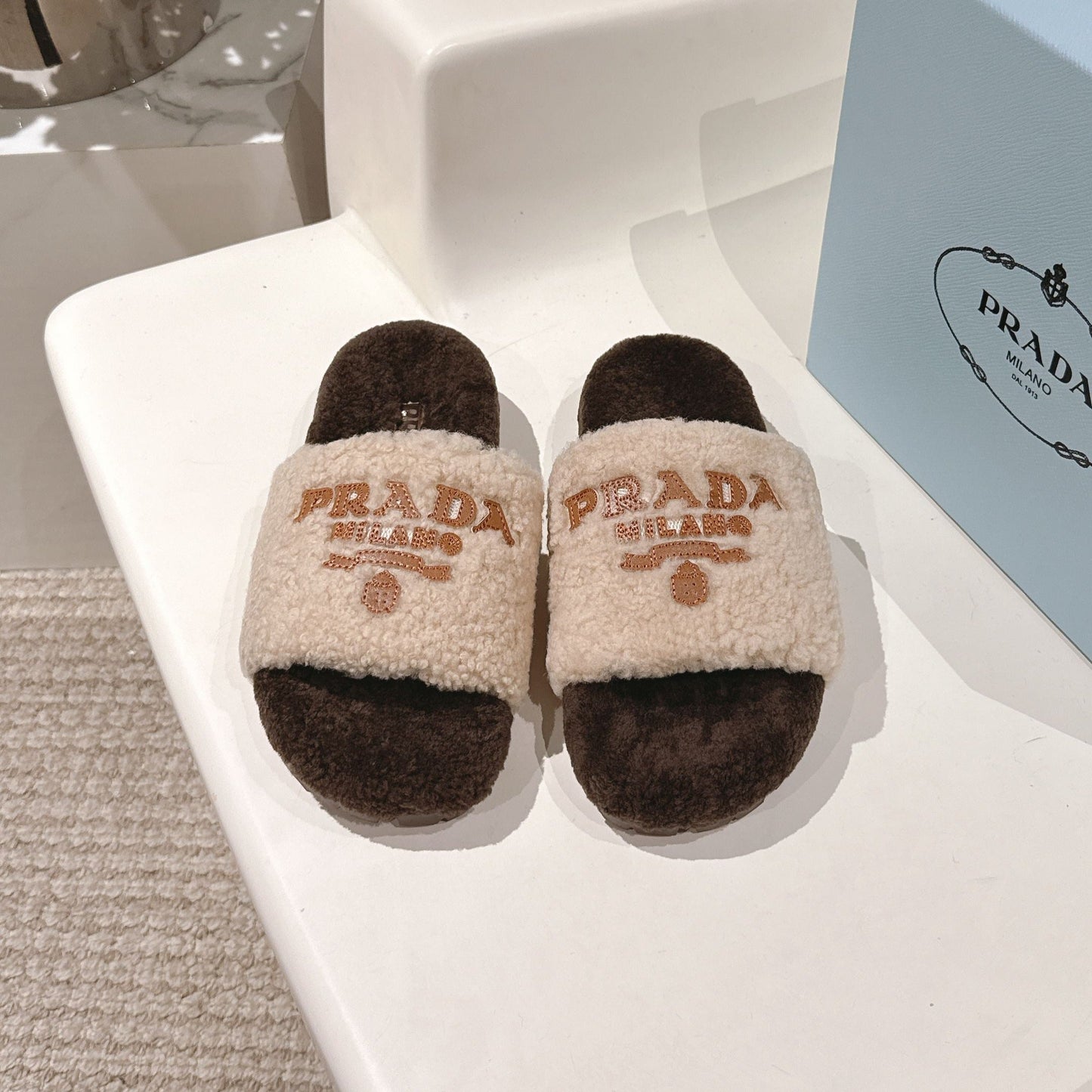 PRADA 25S FLAT MULES IN CREAM AND DARK BROWN RABBIT FUR - 35
