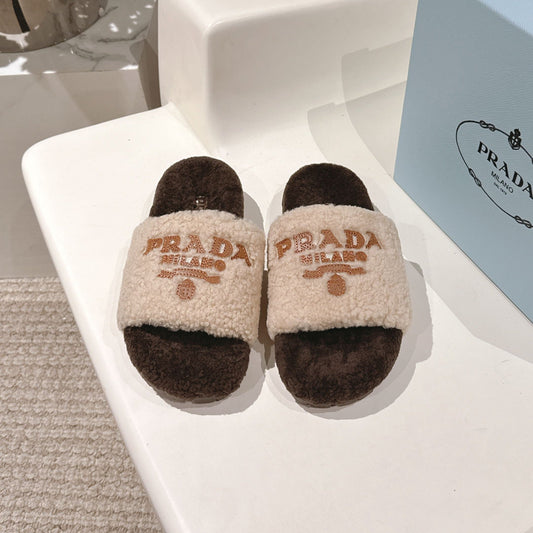 PRADA 25S FLAT MULES IN CREAM AND DARK BROWN RABBIT FUR - 35