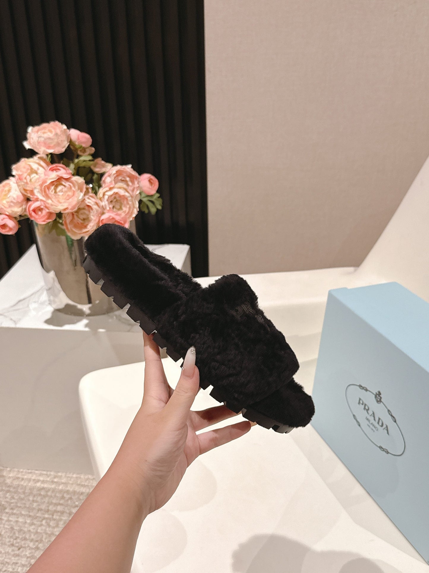 PRADA 25S FLAT MULES IN BLACK RABBIT FUR - 35