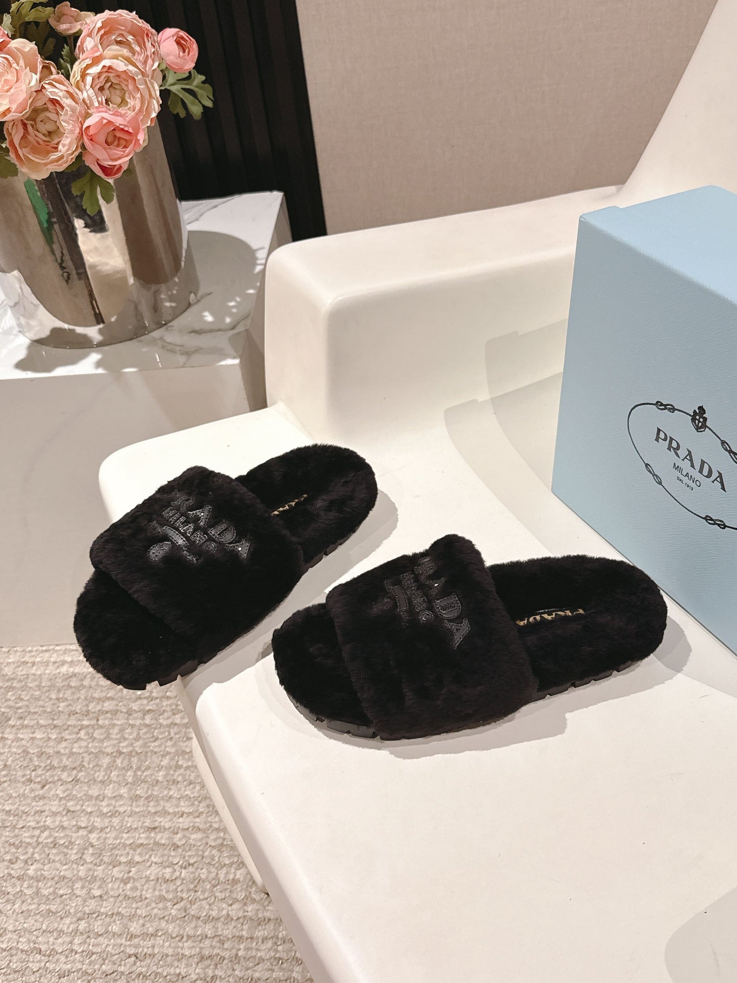 PRADA 25S FLAT MULES IN BLACK RABBIT FUR - 35
