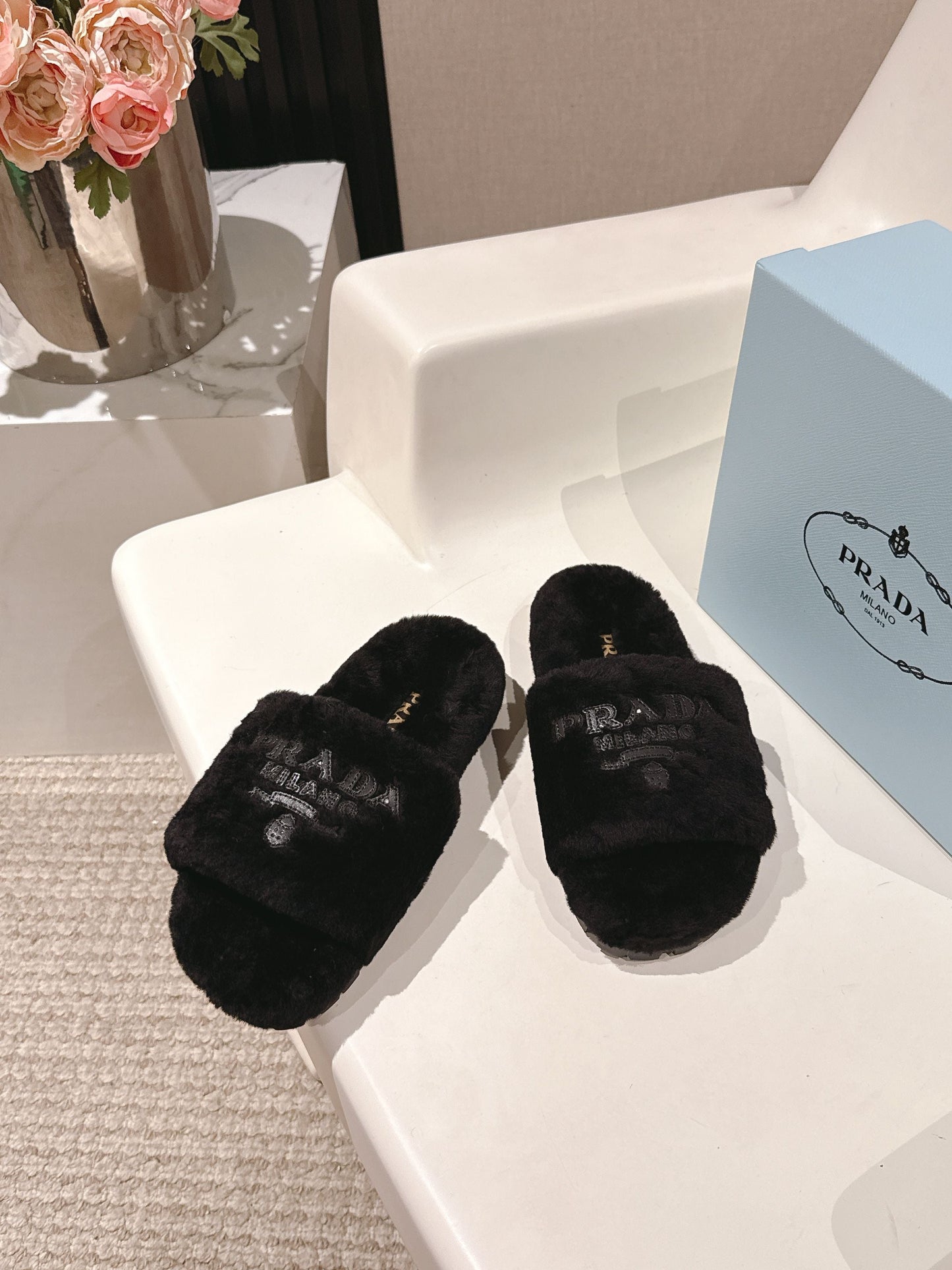 PRADA 25S FLAT MULES IN BLACK RABBIT FUR - 35