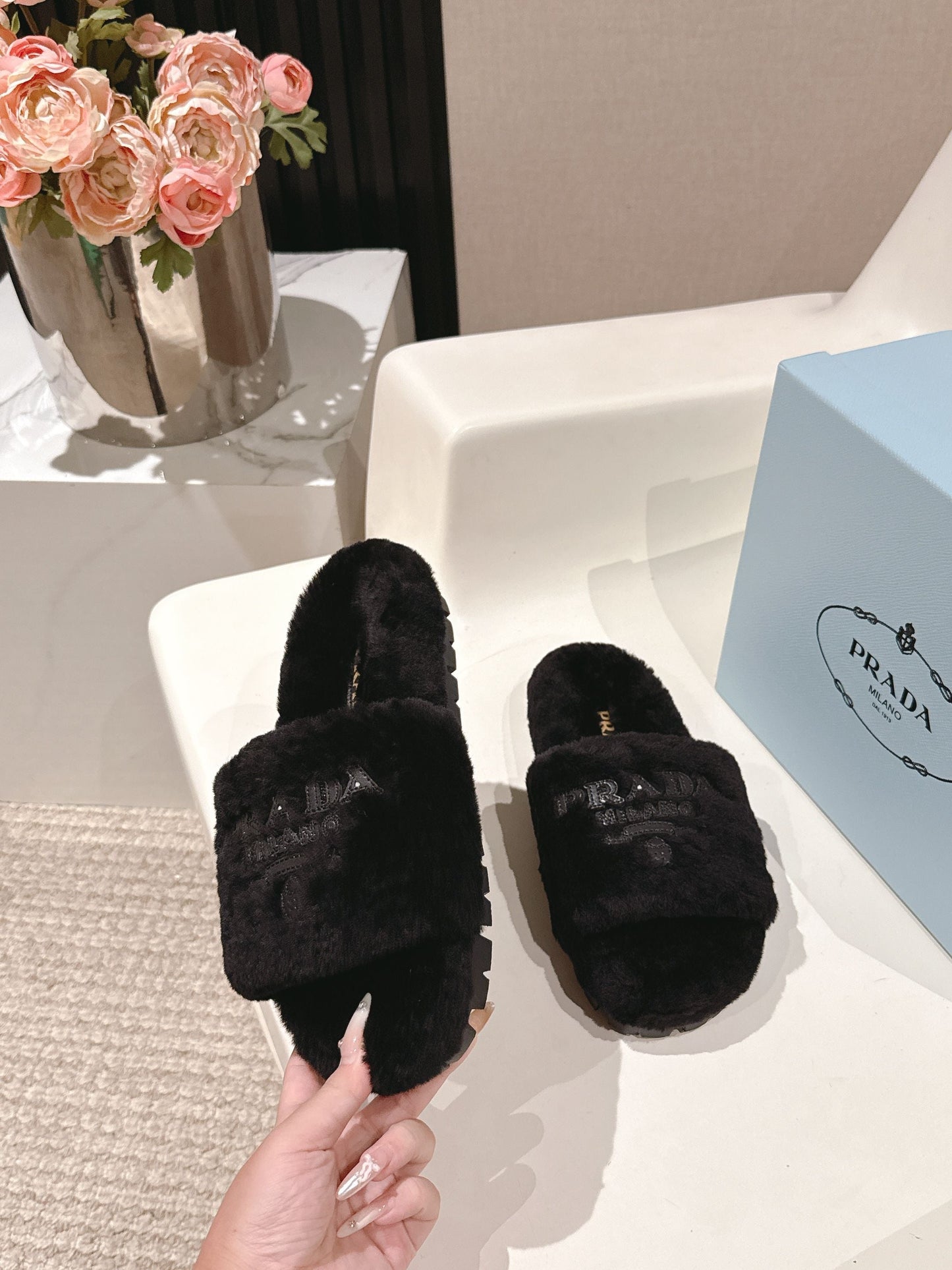PRADA 25S FLAT MULES IN BLACK RABBIT FUR - 35