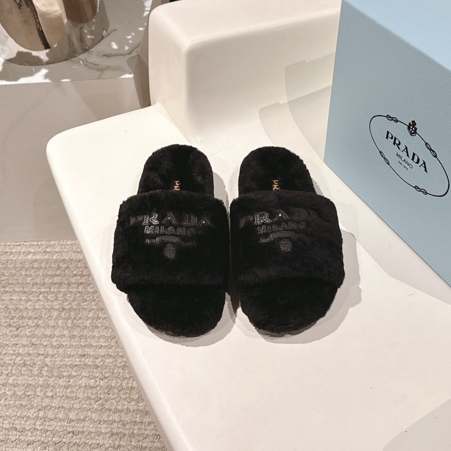 PRADA 25S FLAT MULES IN BLACK RABBIT FUR - 35
