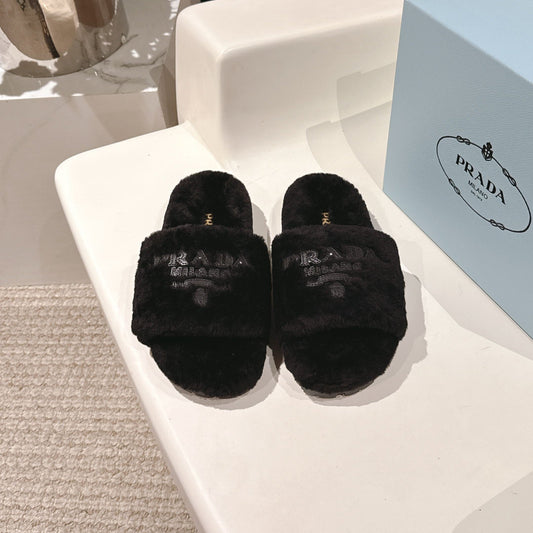 PRADA 25S FLAT MULES IN BLACK RABBIT FUR - 35