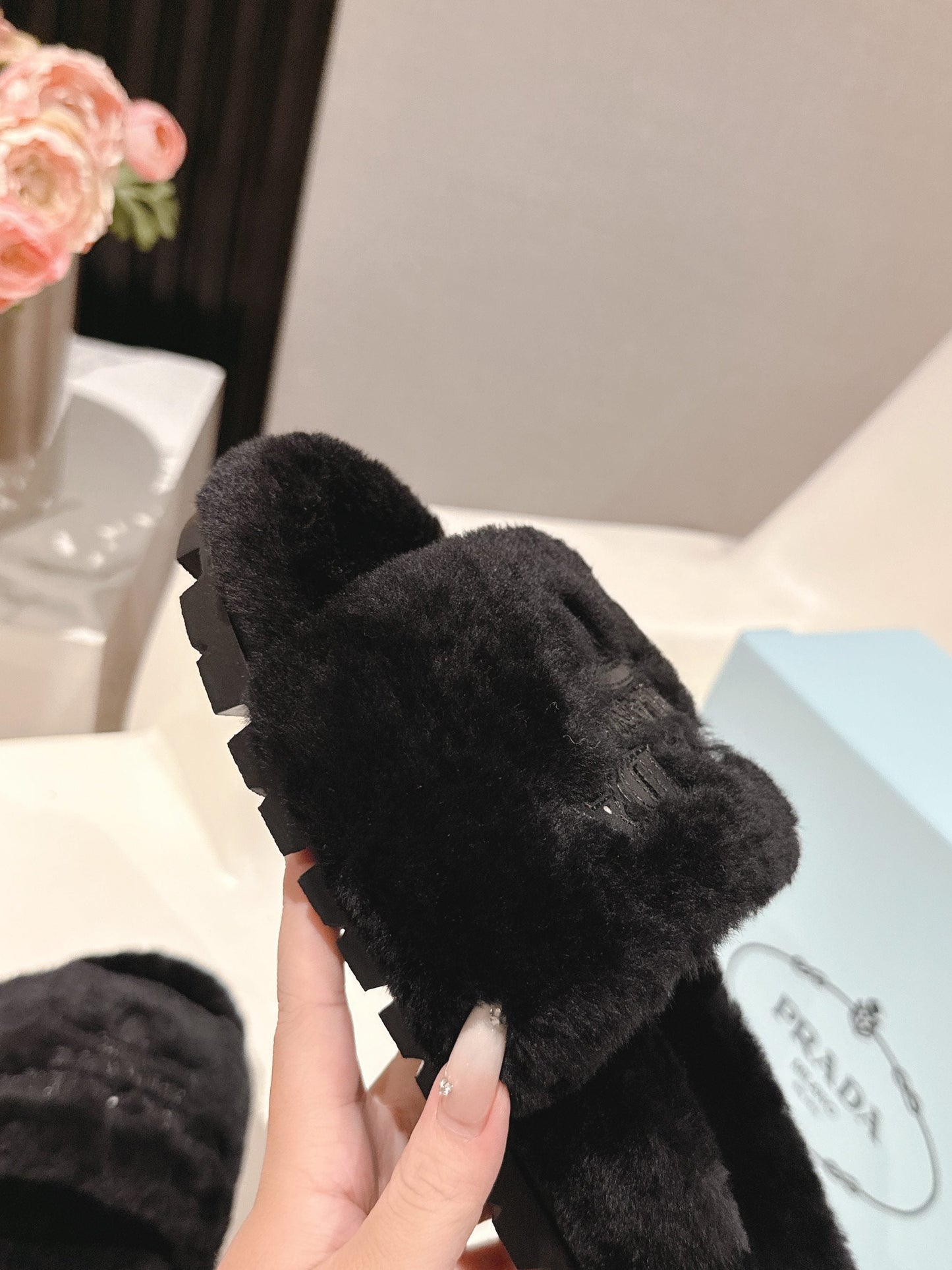 PRADA 25S FLAT MULES IN BLACK RABBIT FUR - 35