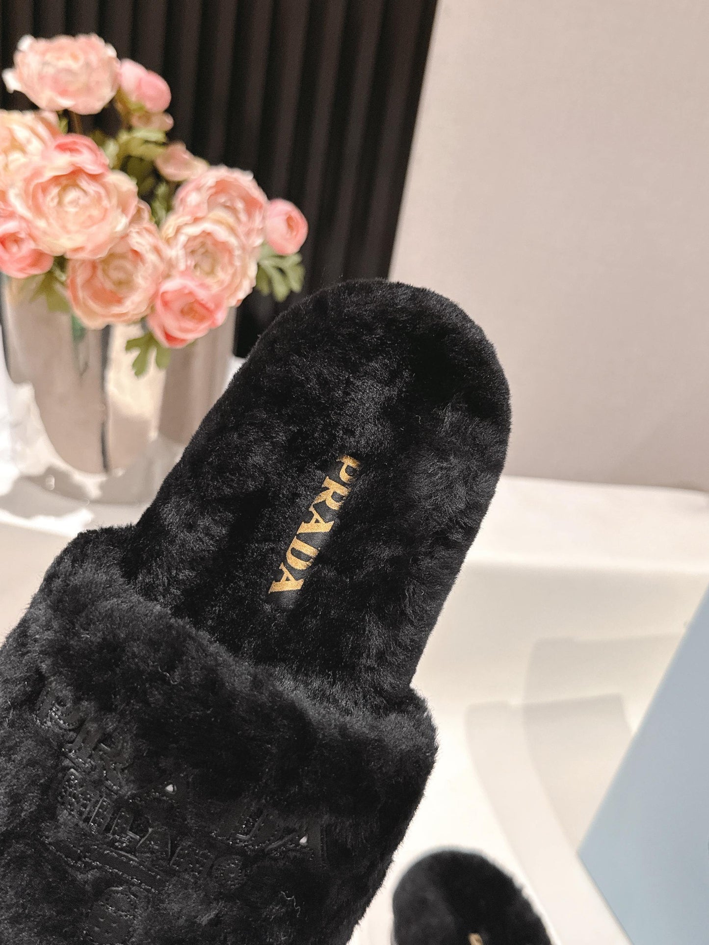 PRADA 25S FLAT MULES IN BLACK RABBIT FUR - 35