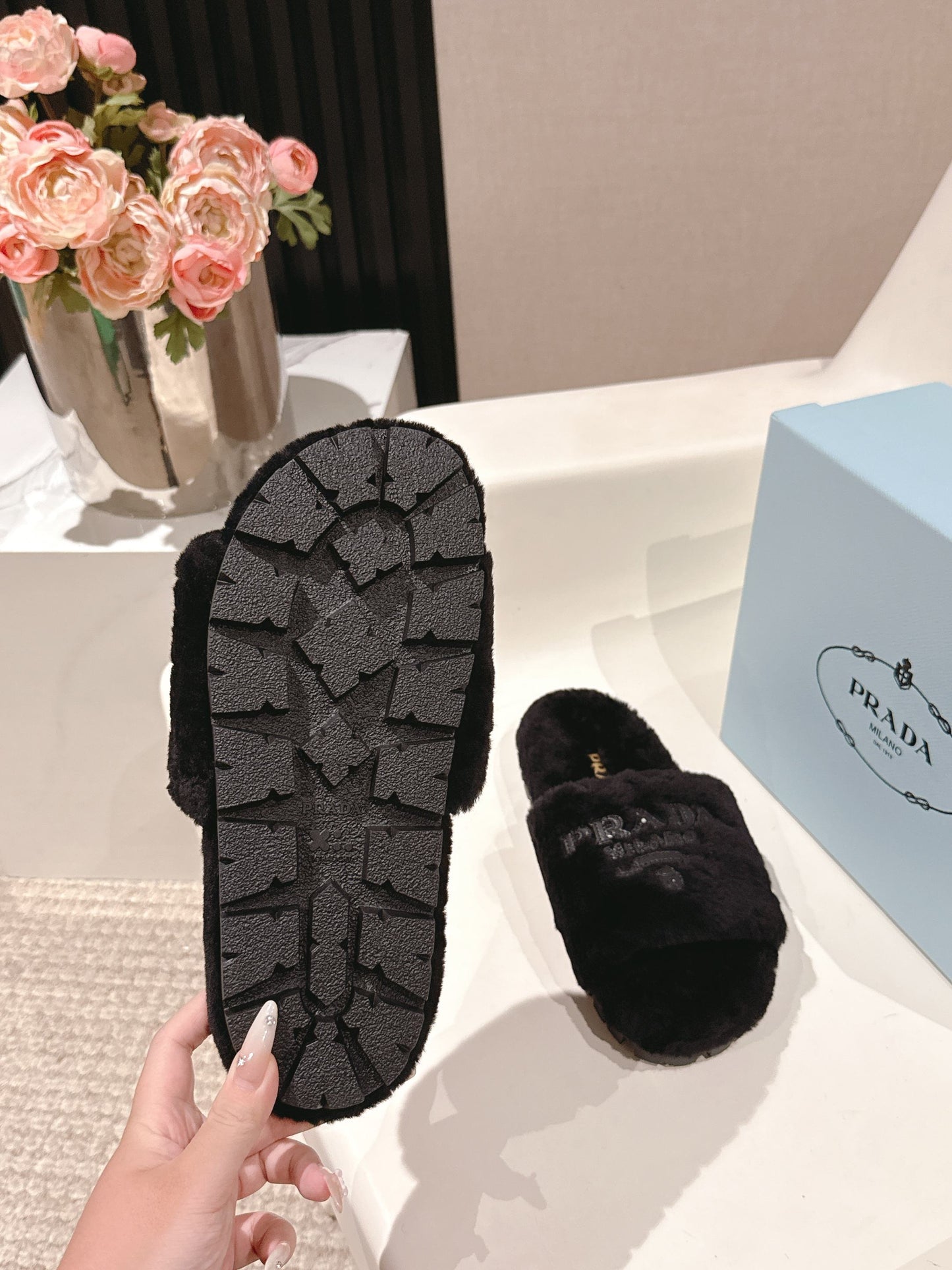 PRADA 25S FLAT MULES IN BLACK RABBIT FUR - 35