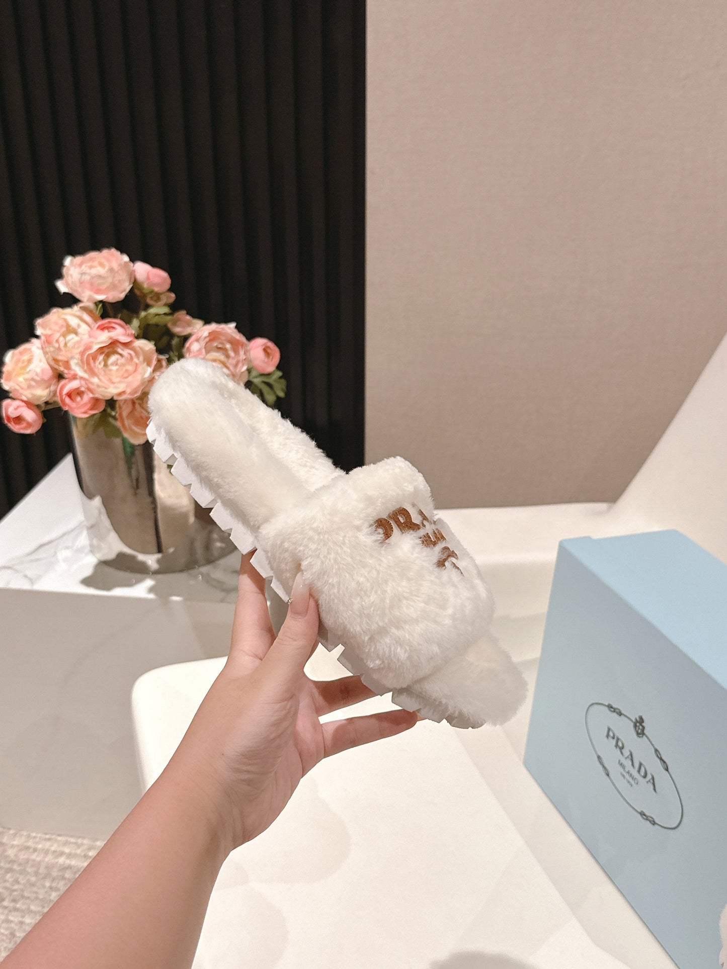 PRADA 25S FLAT MULES IN WHITE RABBIT FUR - 35