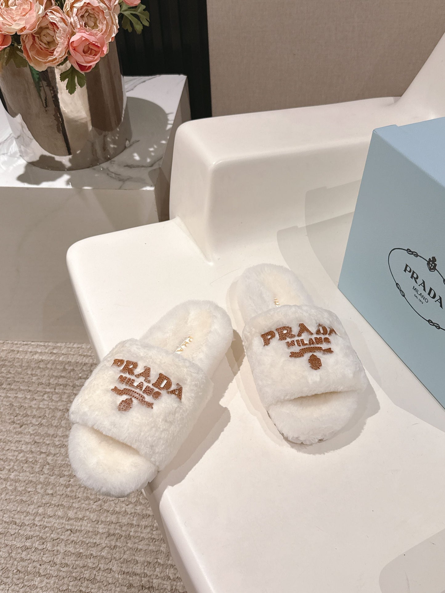 PRADA 25S FLAT MULES IN WHITE RABBIT FUR - 35