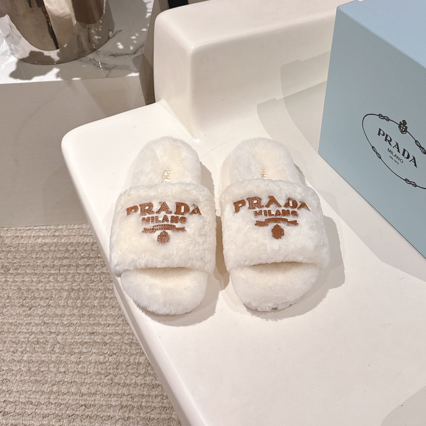 PRADA 25S FLAT MULES IN WHITE RABBIT FUR - 35