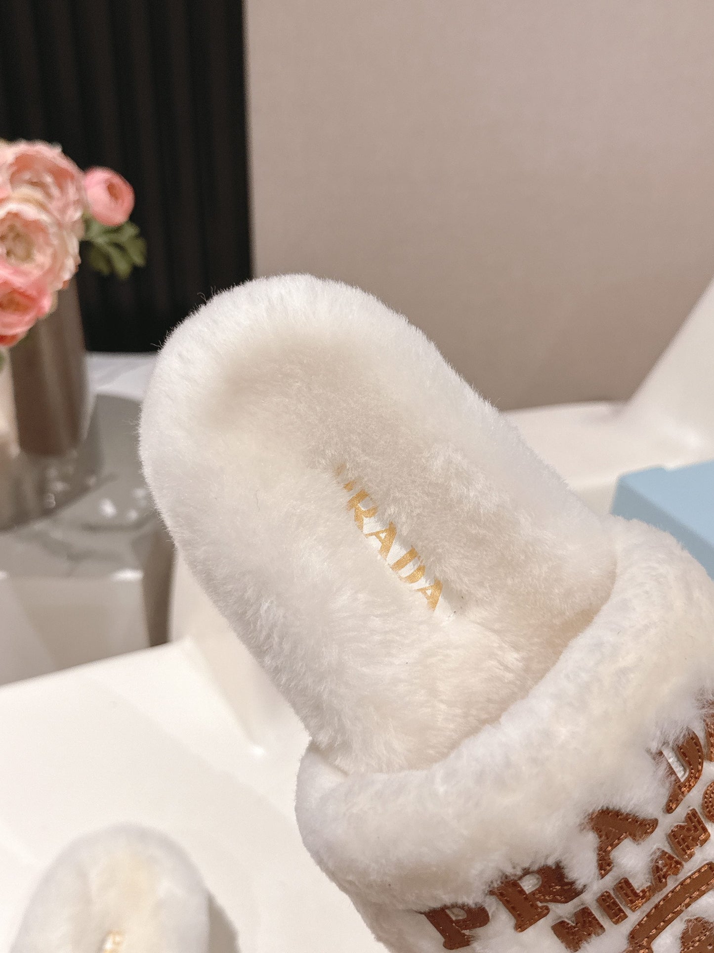 PRADA 25S FLAT MULES IN WHITE RABBIT FUR - 35