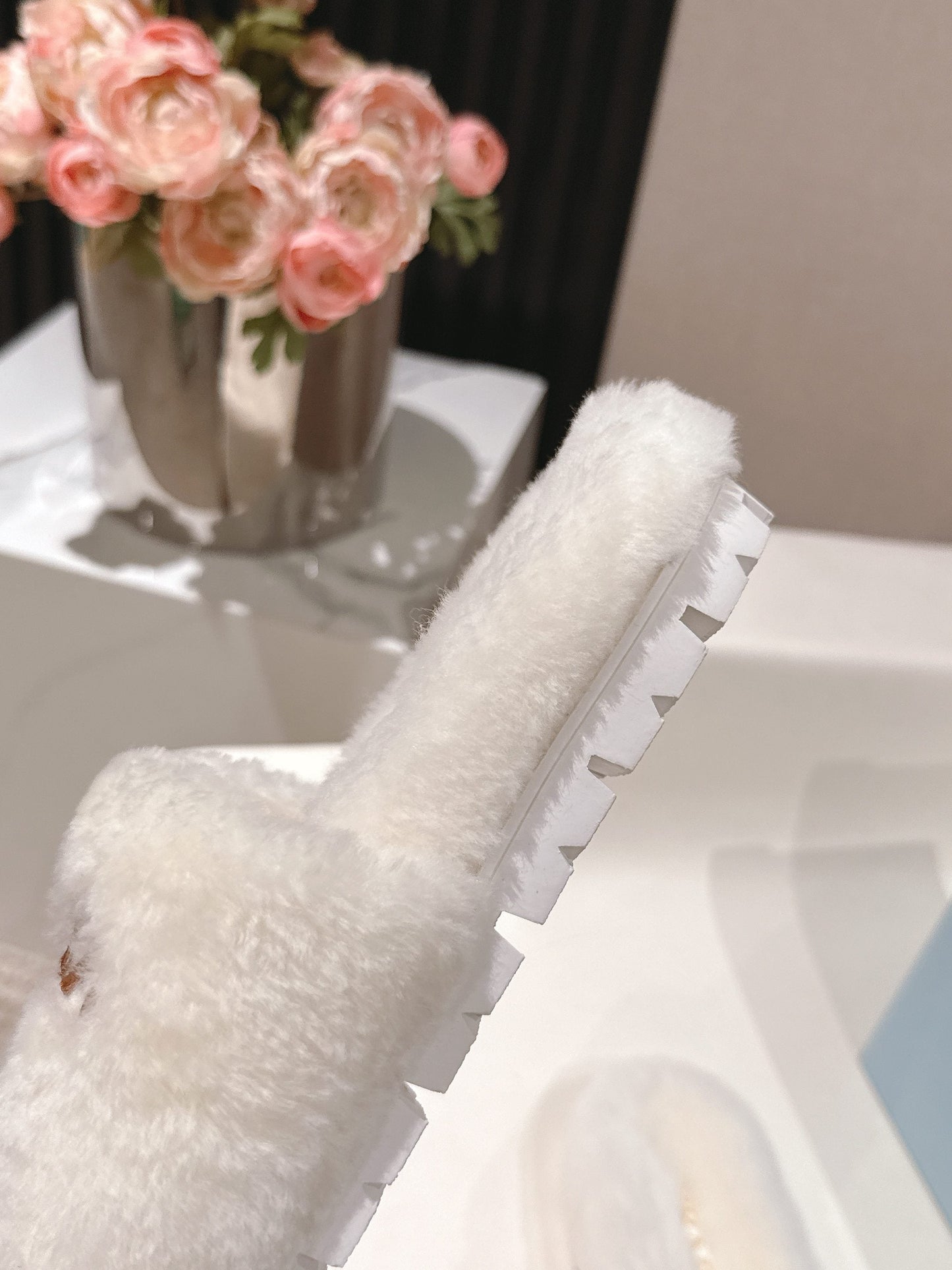 PRADA 25S FLAT MULES IN WHITE RABBIT FUR - 35
